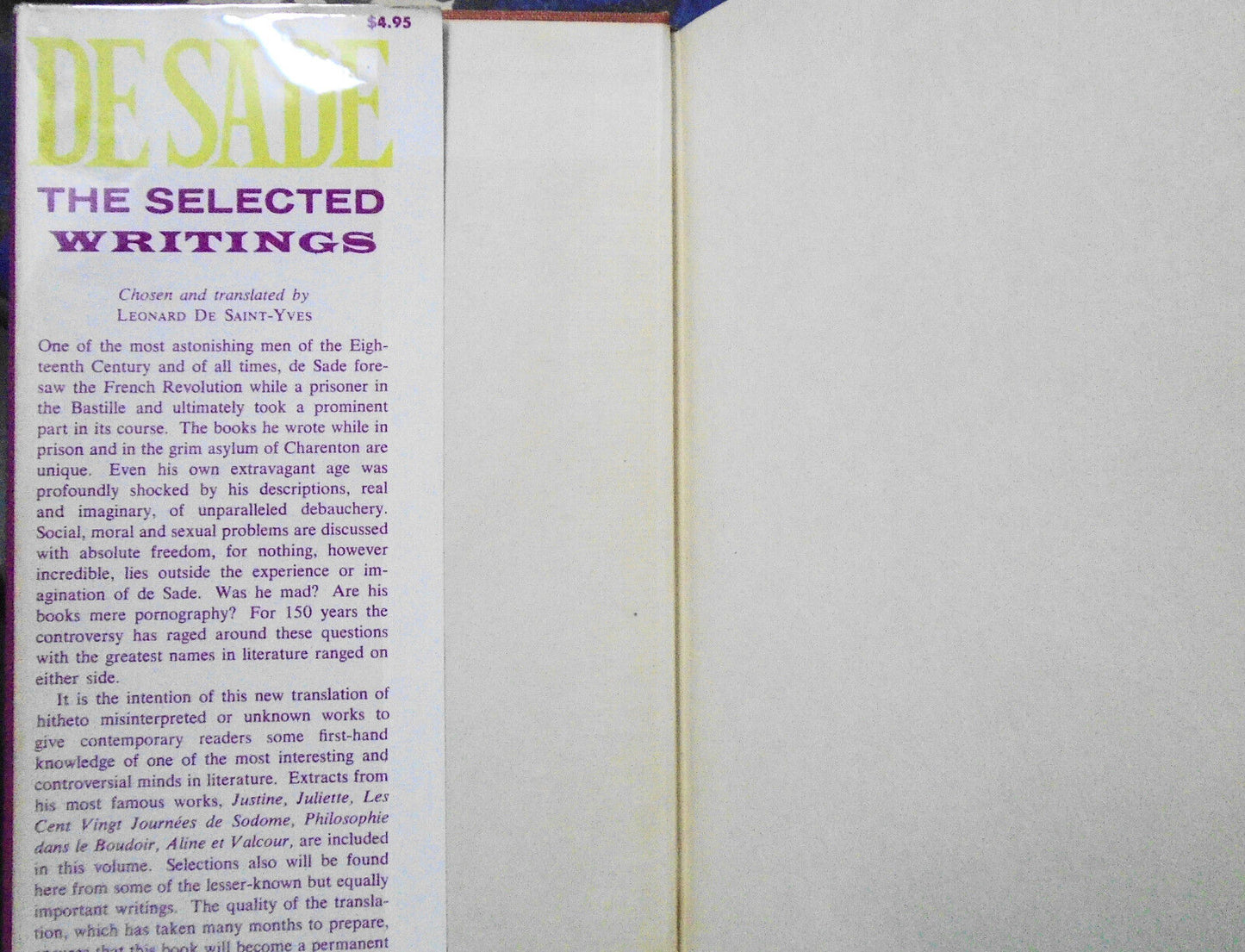 Marquis De Sade - The Selected Writings. Hardcover/DJ, 1954.