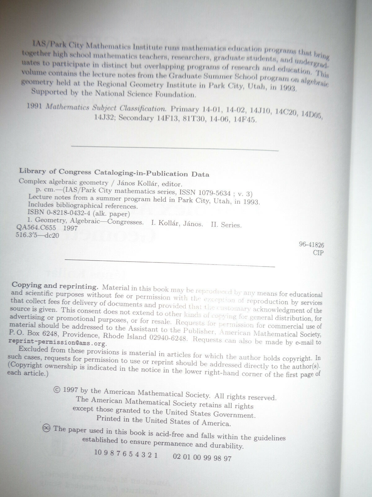 IAS Park City Mathematics Vol 3 : Complex Algebraic Geometry by A. Kollar (1997)