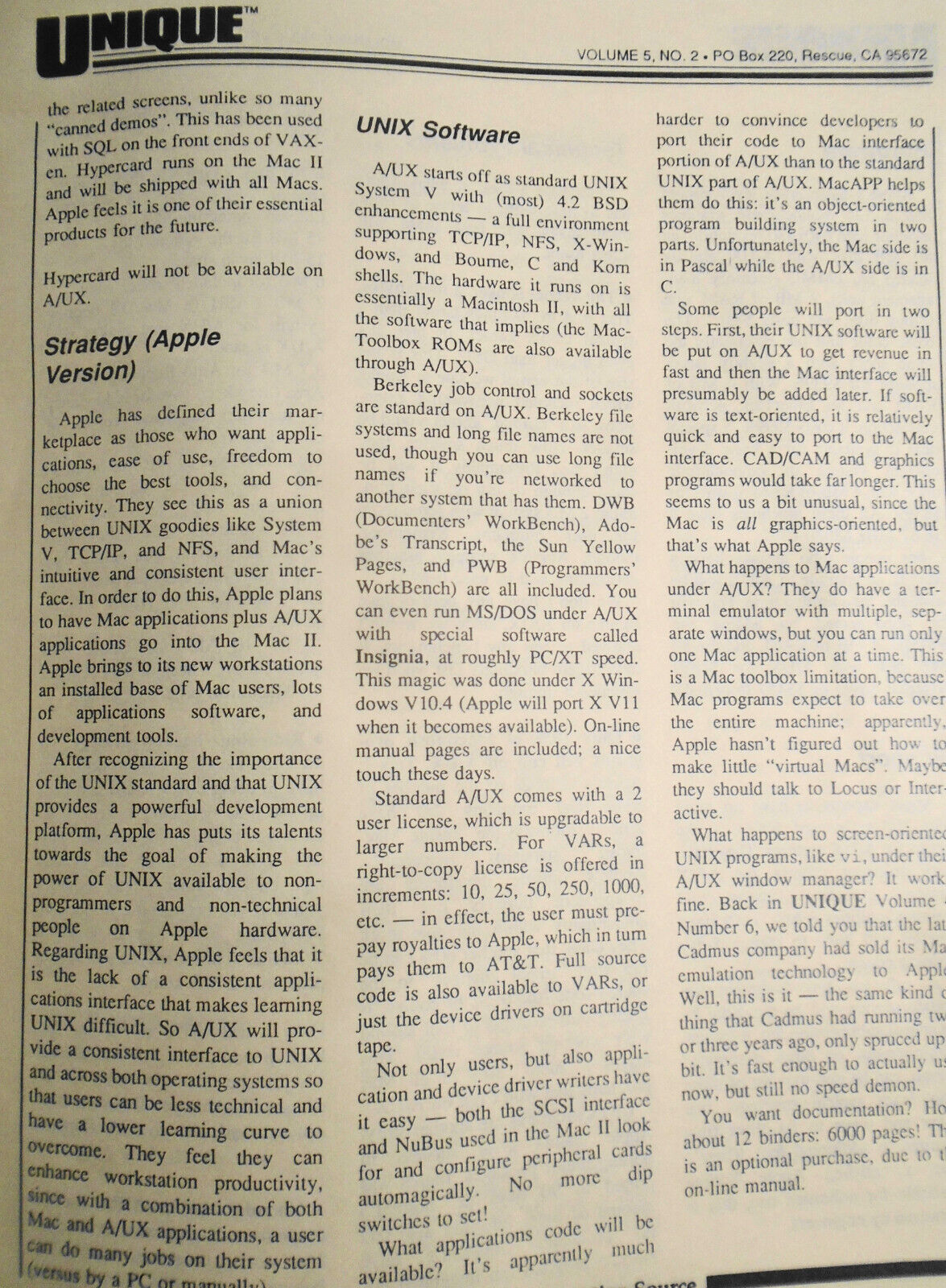 UNIQUE: The UNIX System Information Source  Jan 1988 - Apple A/UX; OS/2 & UNIX