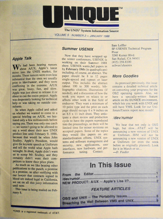 UNIQUE: The UNIX System Information Source  Jan 1988 - Apple A/UX; OS/2 & UNIX