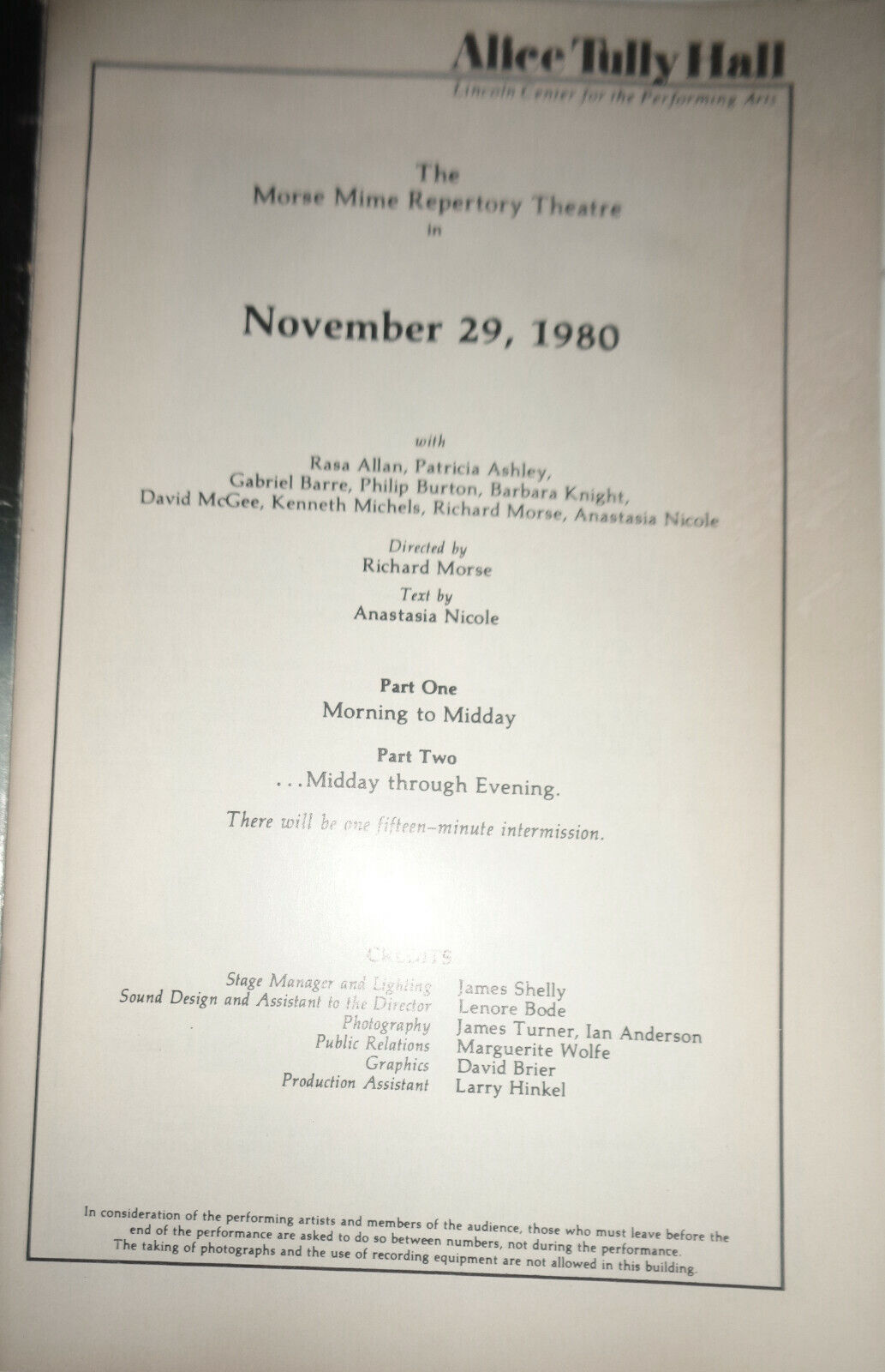 THE MORSE MIME REPERTORY THEATRE - NOVEMBER 29, 1980 - STAGEBILL Lincoln Center