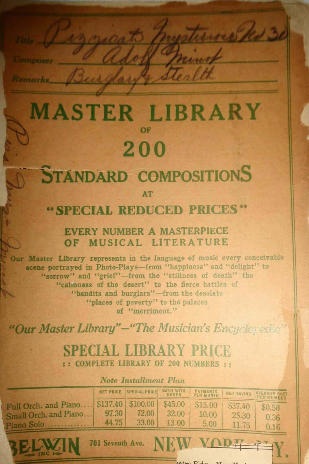 PIZZICATO MISTERIOSO NO. 30 FOR BURGLARY & STEALTH by Adolf Minot 1916 orchestra