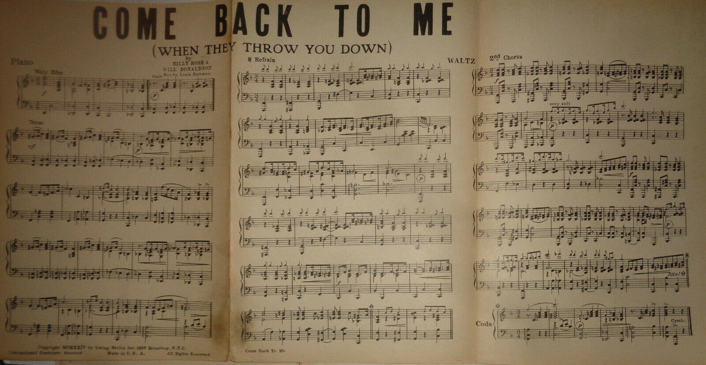 BILLY ROSE - COME BACK TO ME -SYNCOPATED WALTZ -SHEET MUSIC FOR ORCHESTRA - 1924