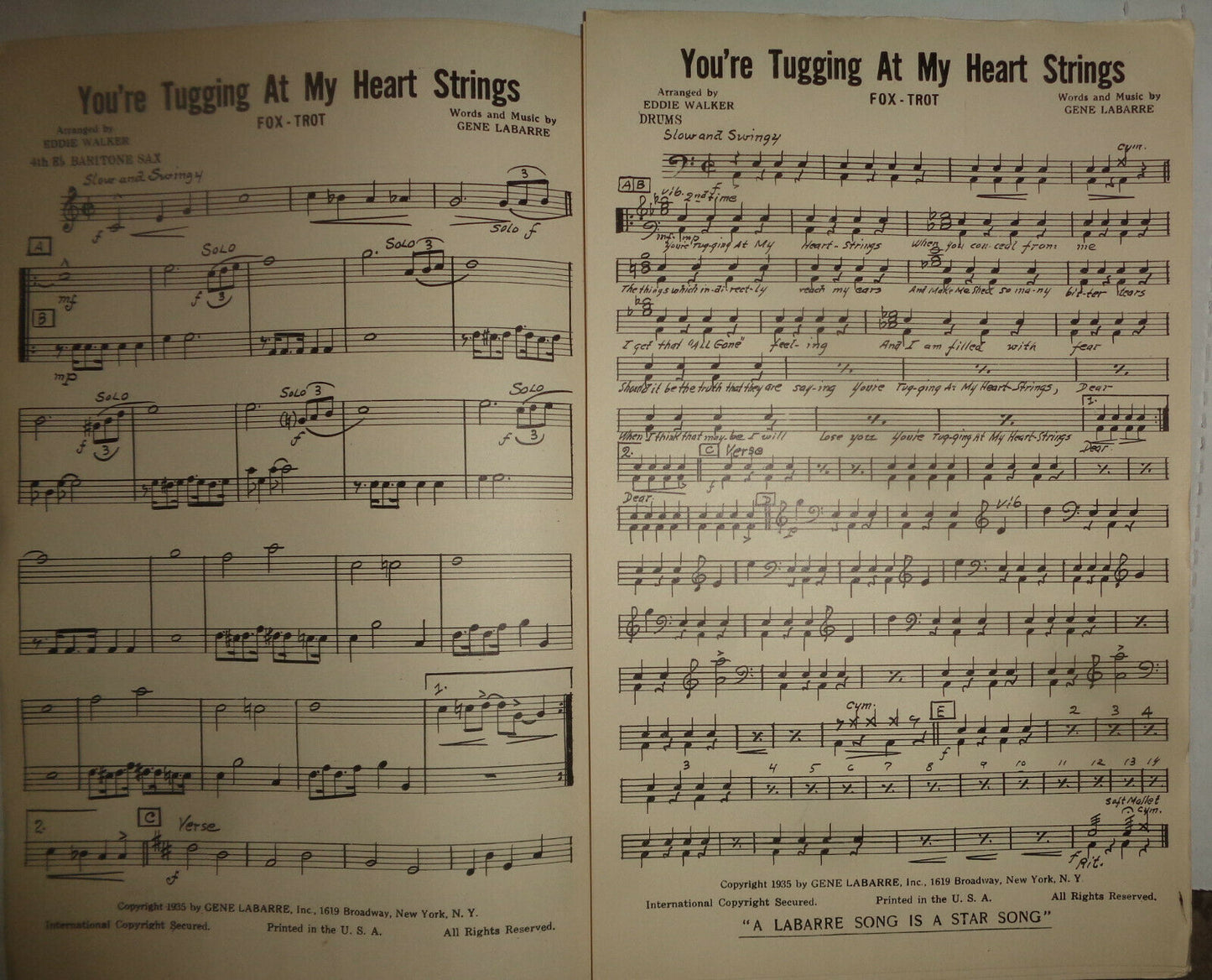 YOU'RE TUGGING AT MY HEART STRINGS - FOX TROT - SHEET MUSIC FOR ORCHESTRA - 1935