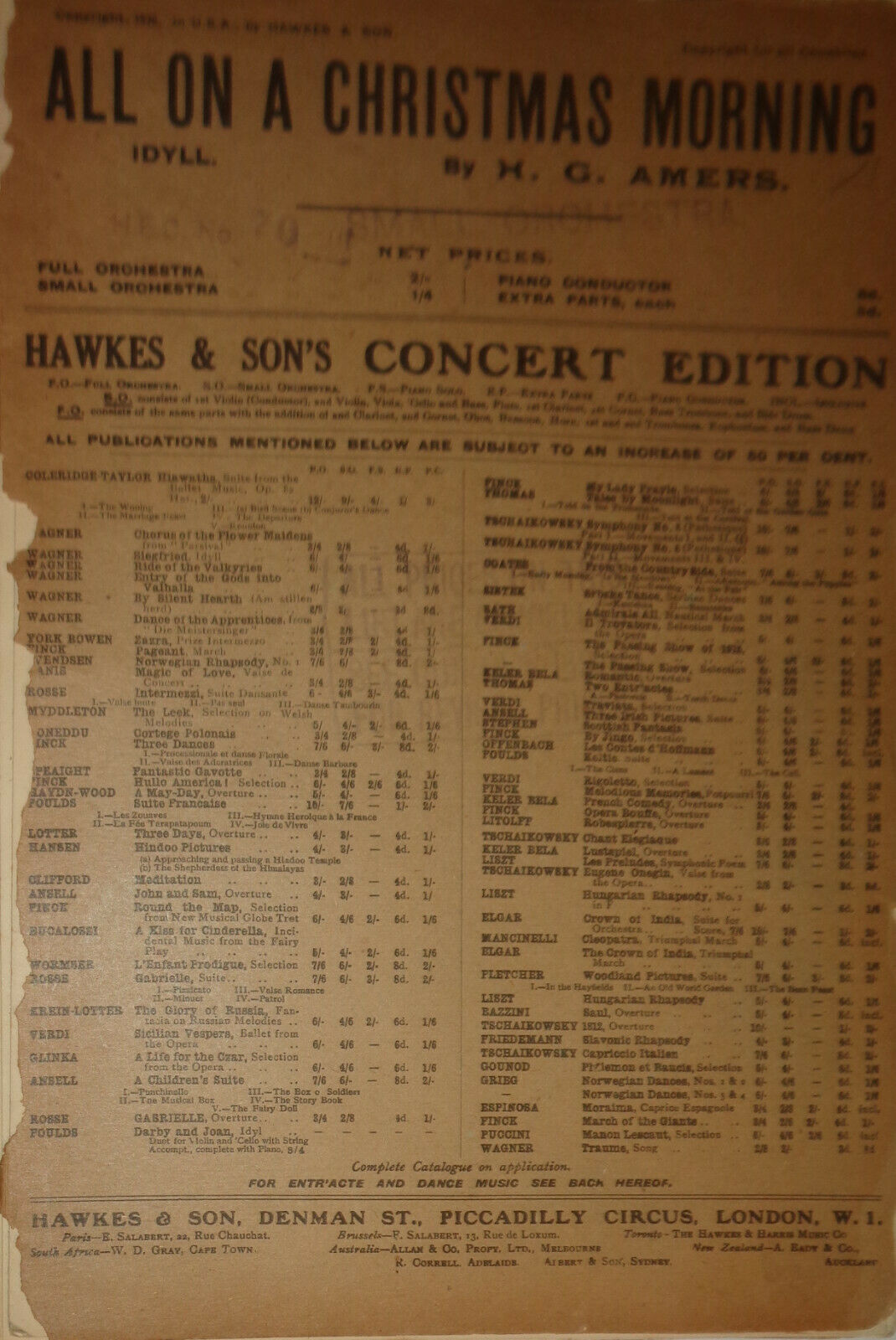ALL ON A CHRISTMAS MORNING - IDYLL - 1920 by H G Amers SHEET MUSIC FOR ORCHESTRA