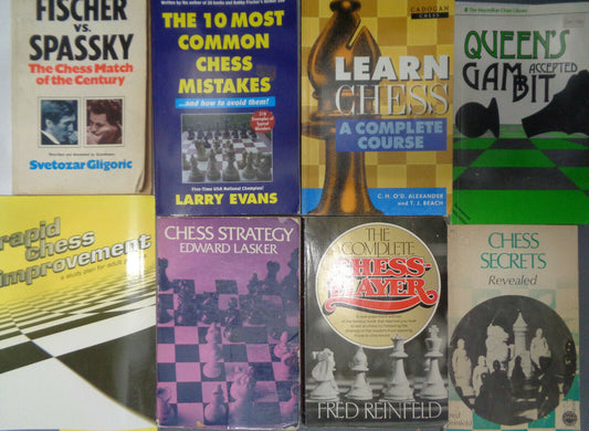 8 Chess books lot - Fischer/Spassky, Queen's Gambit, Strategy, Rapid Improvement