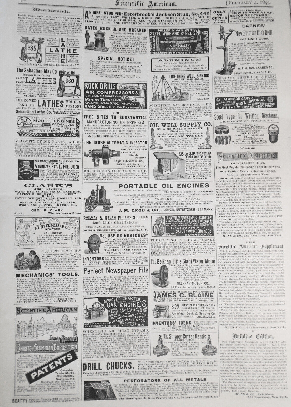 Scientific American February 4, 1893 - Marble Cave Of Missouri; Bicycles; Cats..