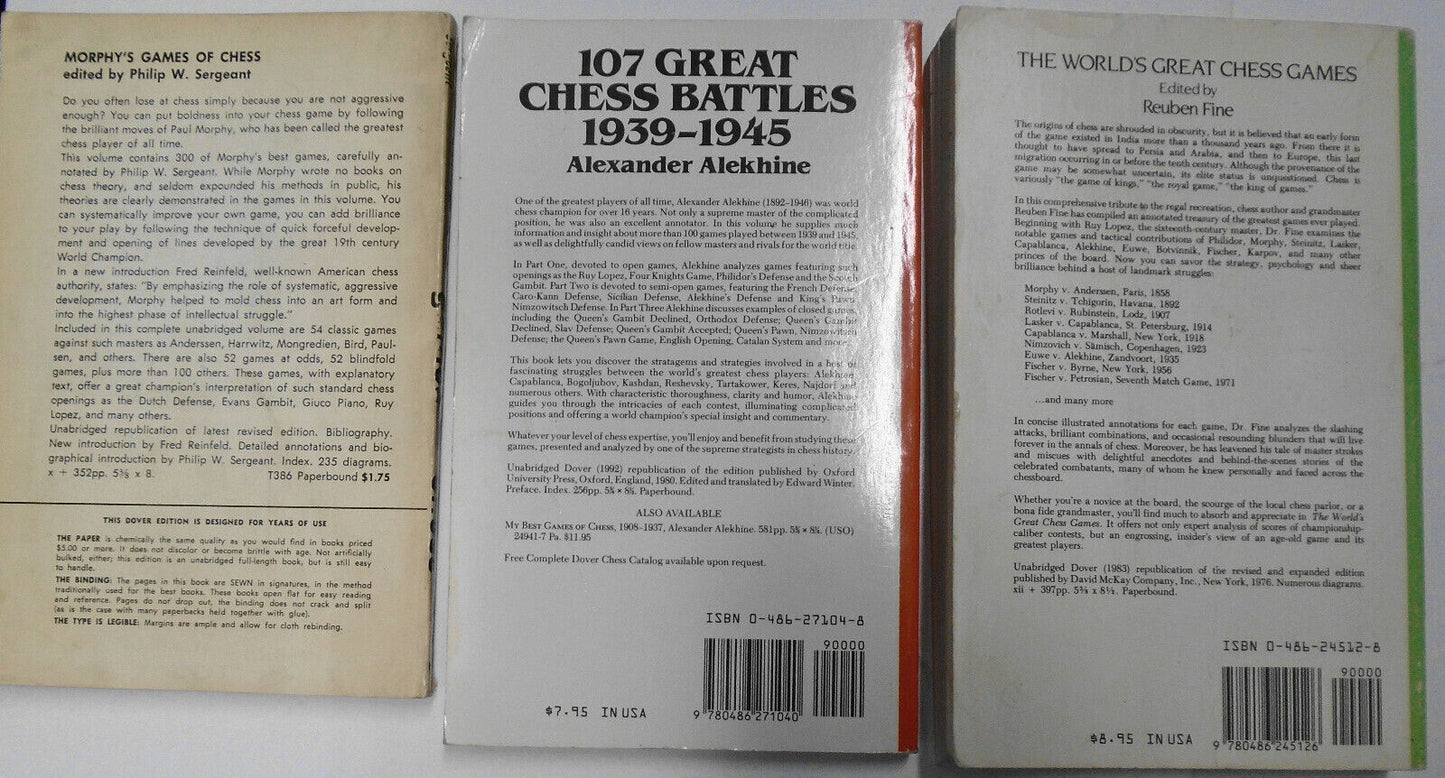 Morphy's Games, Alekhine 107 Battles, & Great Chess Games, by Fine - 3 books lot