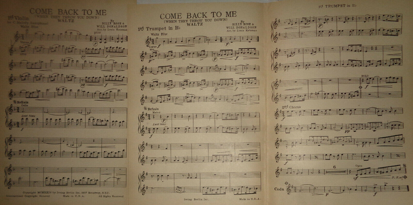 BILLY ROSE - COME BACK TO ME -SYNCOPATED WALTZ -SHEET MUSIC FOR ORCHESTRA - 1924