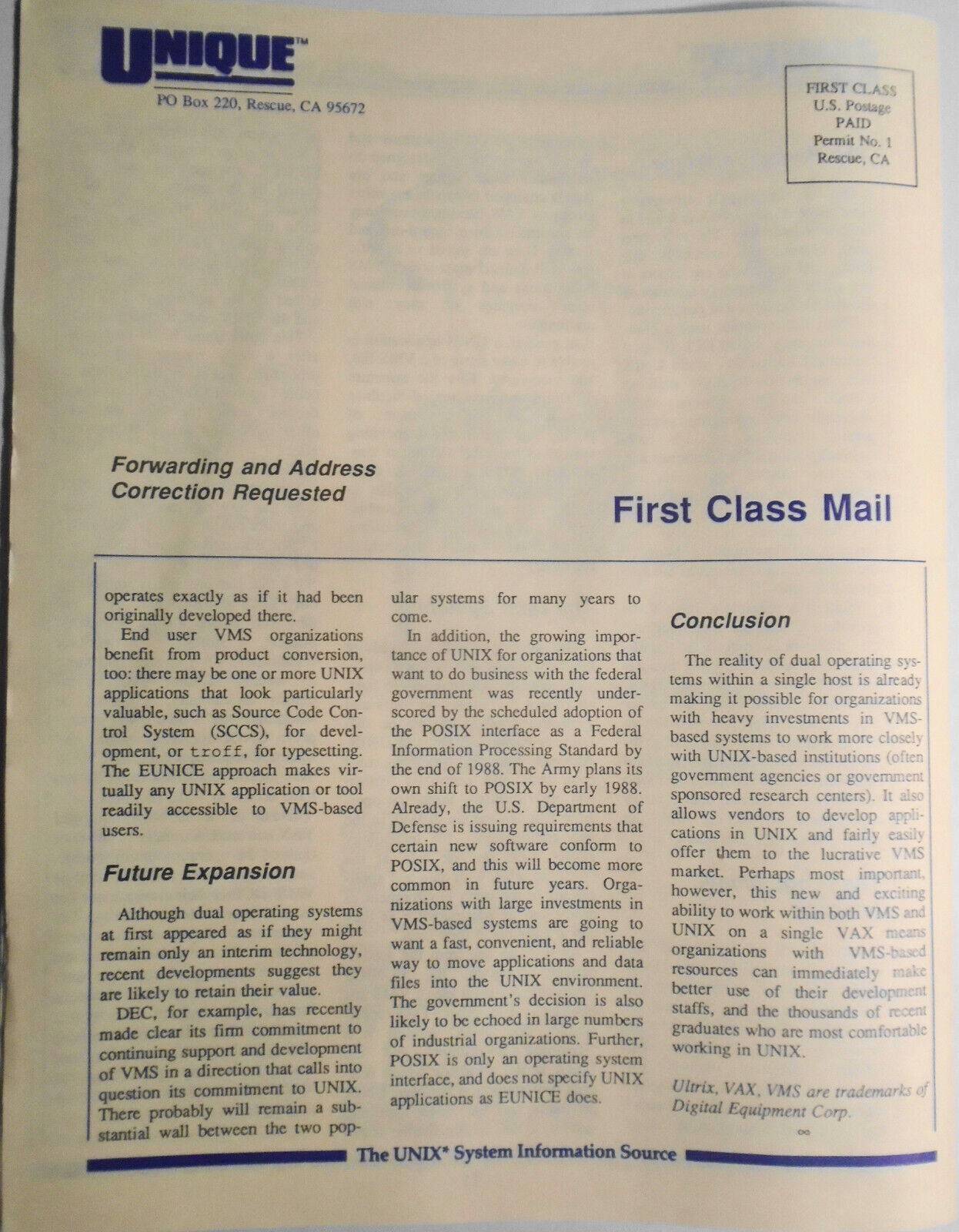 UNIQUE: The UNIX System Information Source  Jan 1988 - Apple A/UX; OS/2 & UNIX