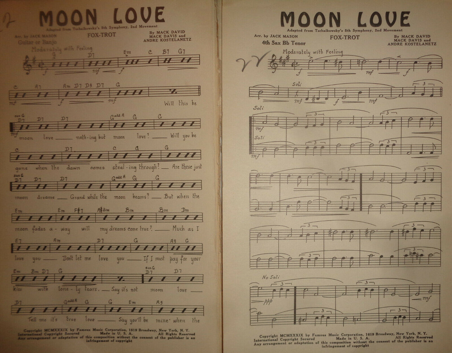 MOON LOVE - FOX TROT - SHEET MUSIC FOR ORCHESTRA - 1939