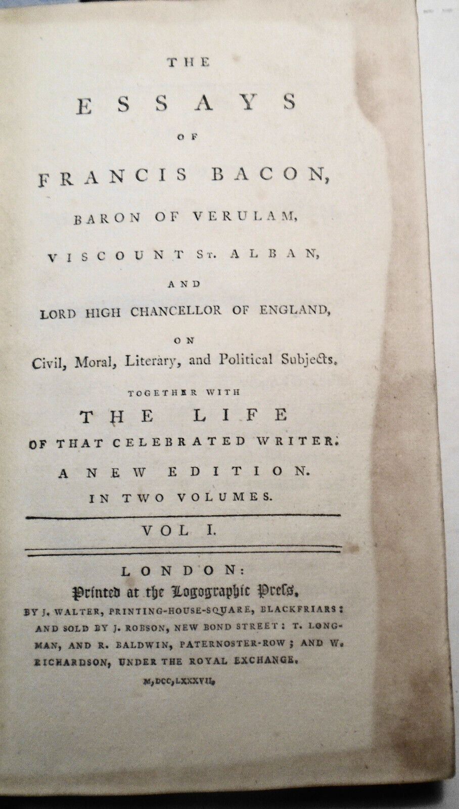 1787 The essays of Francis Bacon, In two volumes. Full leather. Very Good.