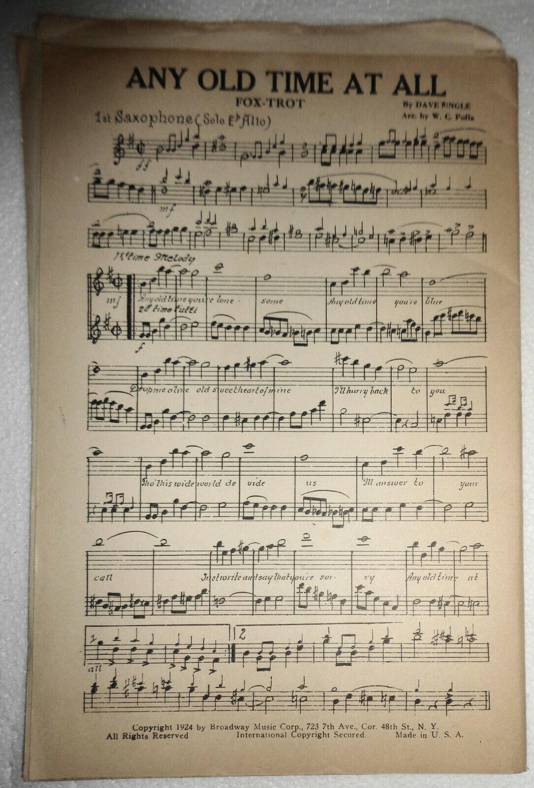 Any Old time at all, by Dave Ringle  - Arr. by W. C. Polla - 1924 for orchestra