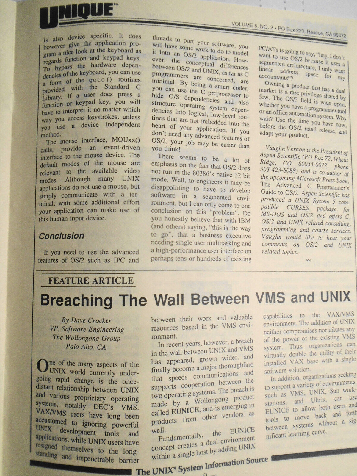 UNIQUE: The UNIX System Information Source  Jan 1988 - Apple A/UX; OS/2 & UNIX