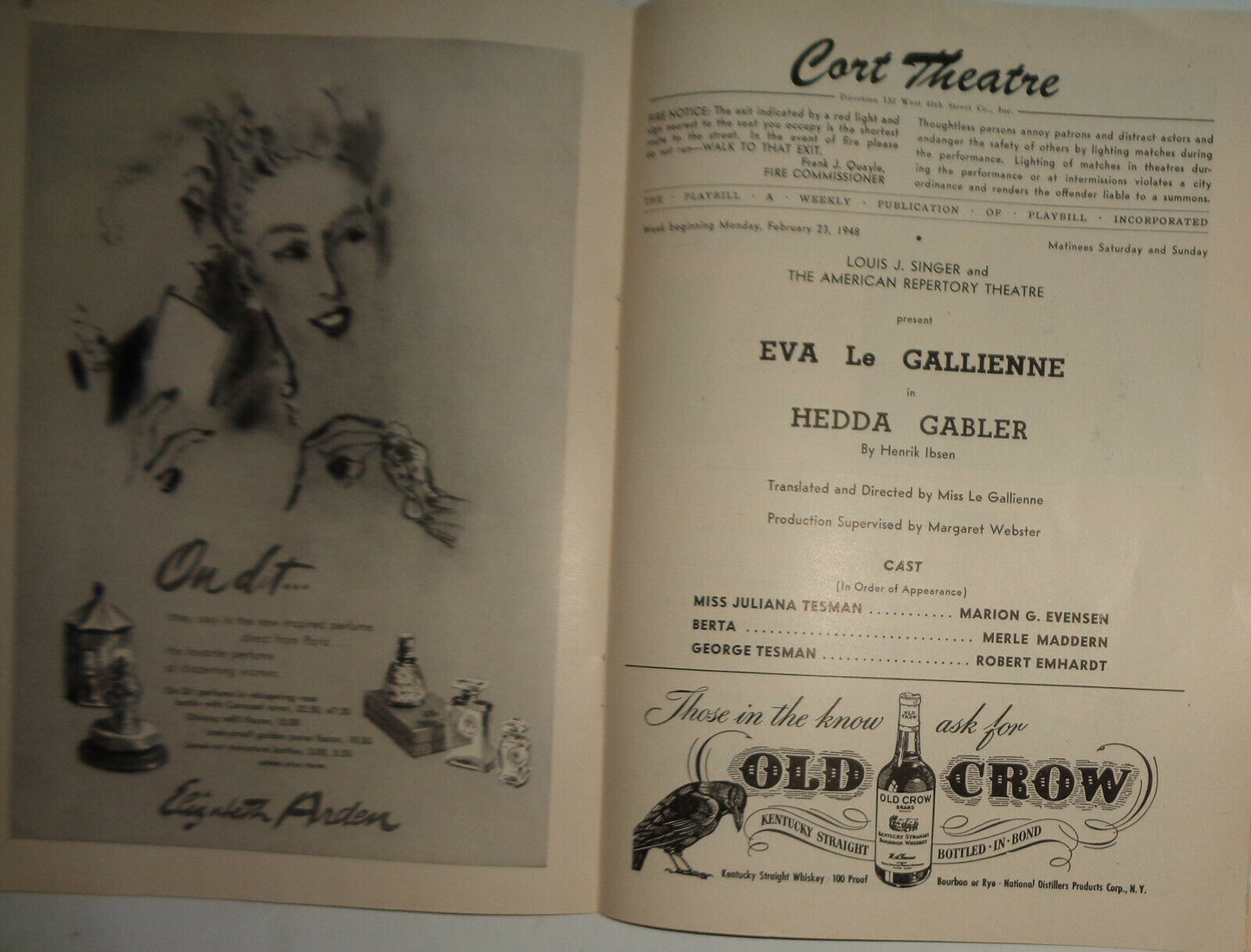 EVA LE GALLIENNE, EFREM ZIMBALIST, Jr. in  "HEDDA GABLER" - PLAYBILL - FEB 1948