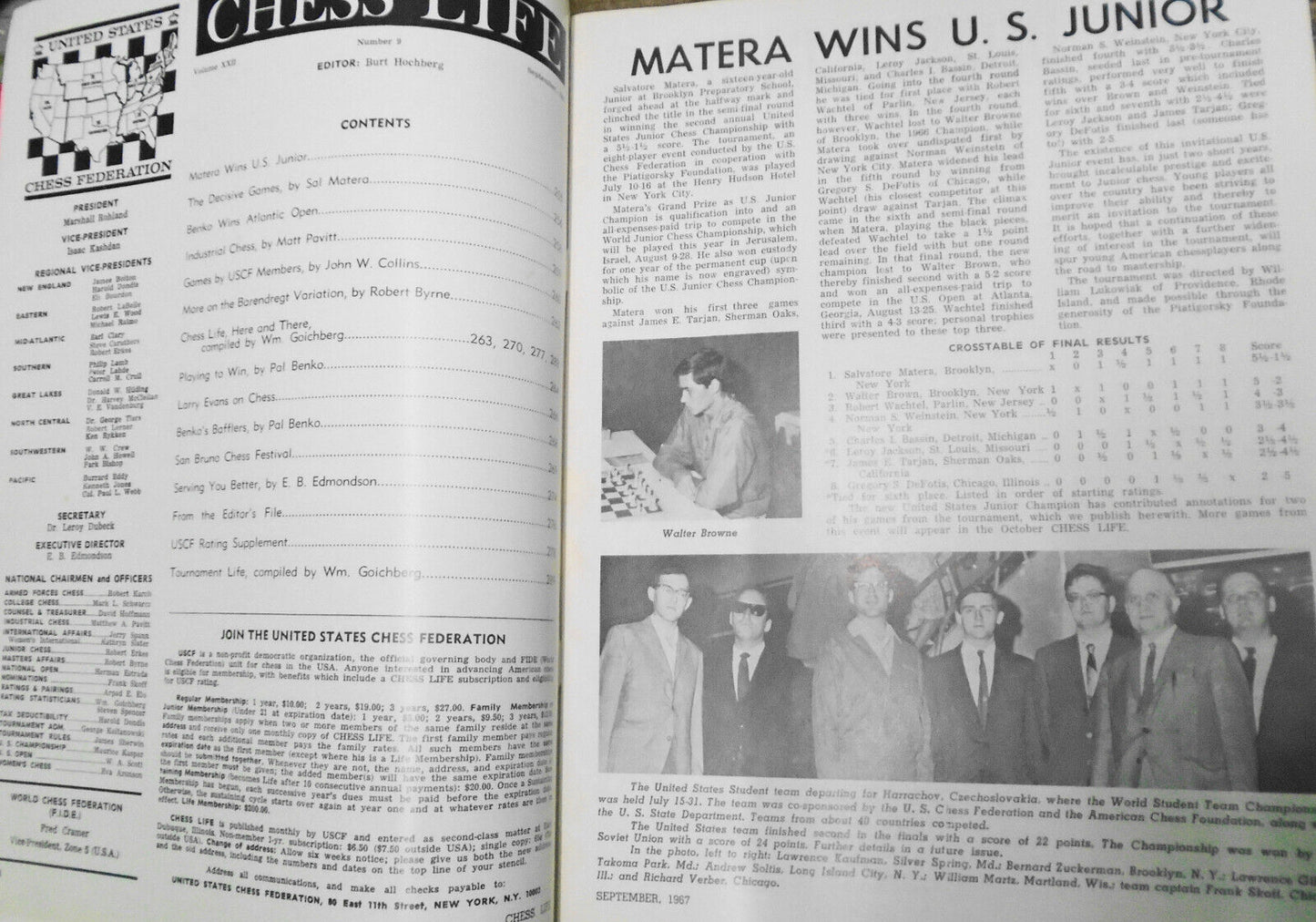 Chess Life, September 1967 - Sal Matera on cover, etc.