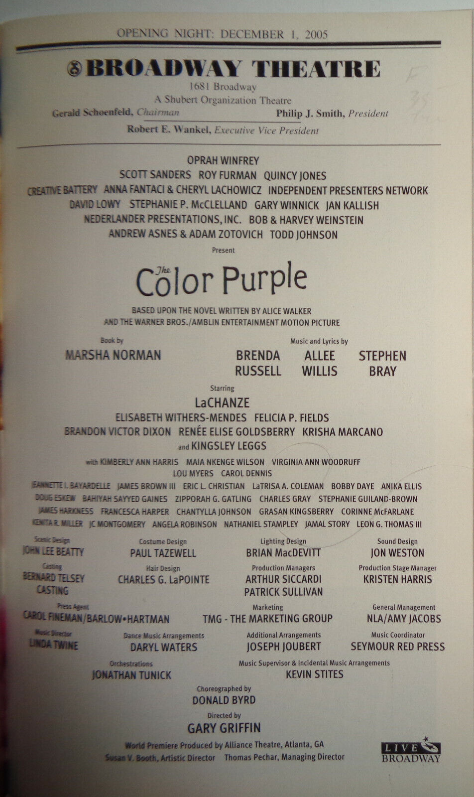 THE COLOR PURPLE - PLAYBILL - OPENING NIGHT, DECEMBER 1, 2005