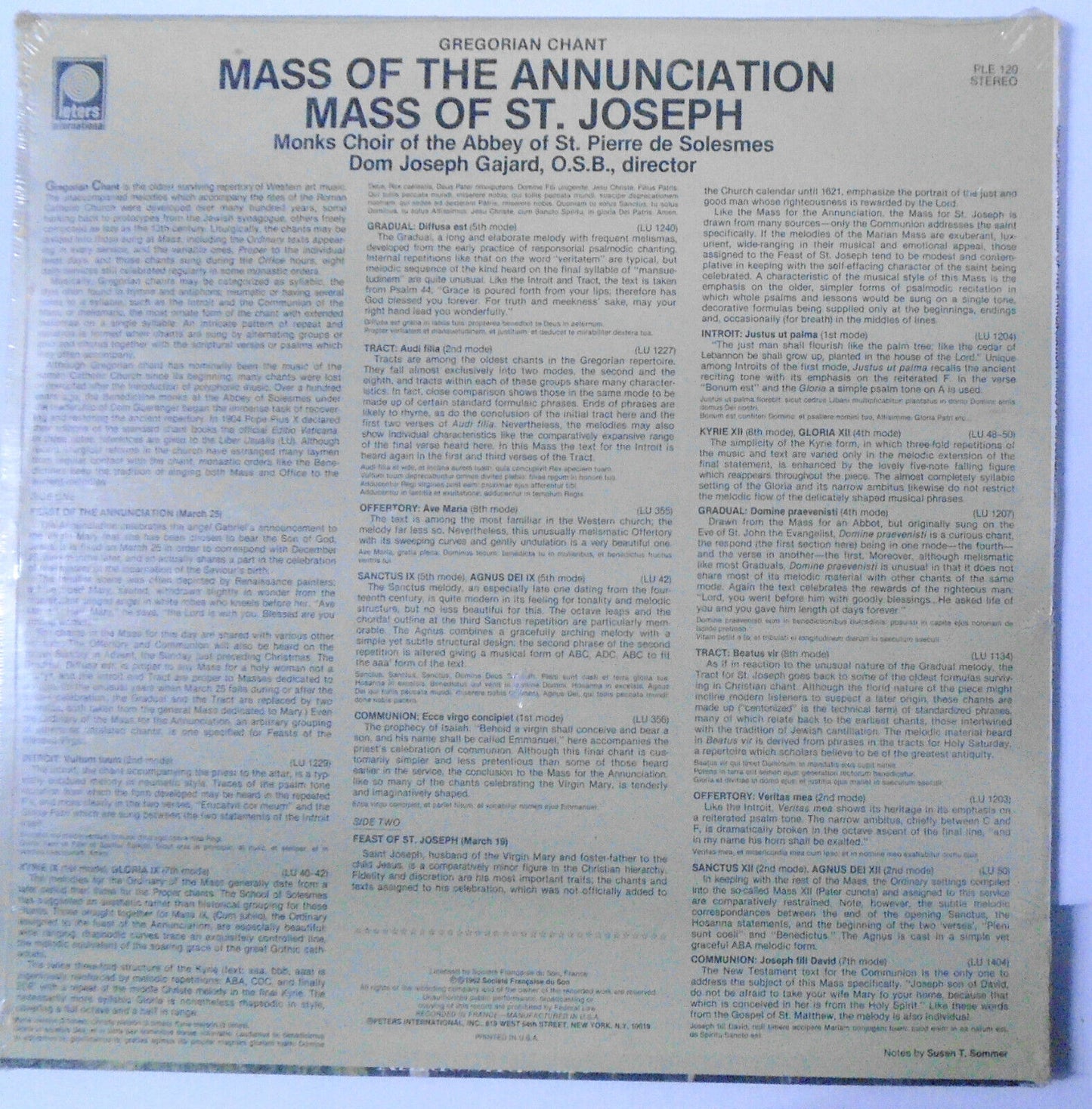 Gregorian Chant - Mass Of The Annunciation LP, by Monks... de Solesmes. *SEALED*