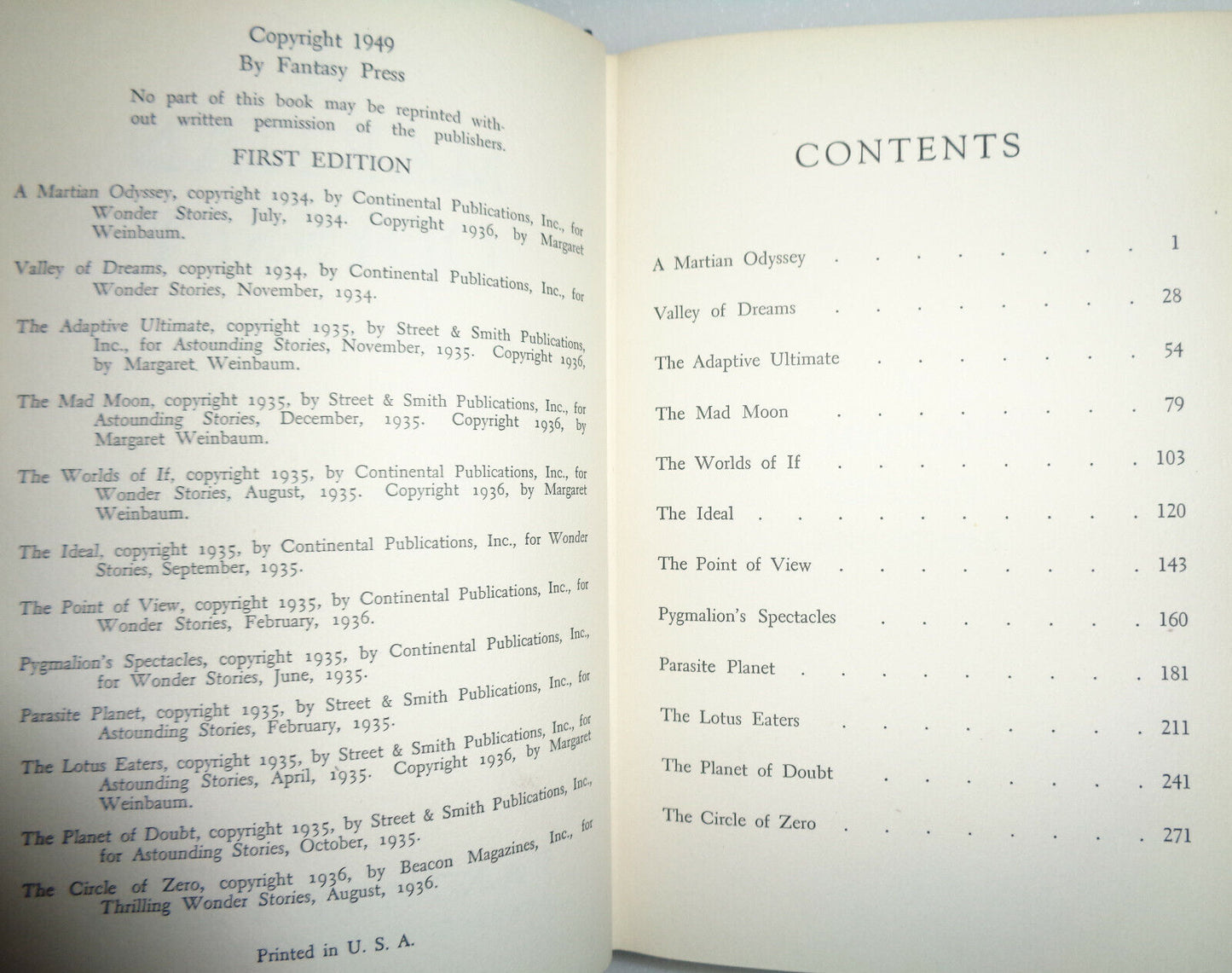 A Martian Odyssey and Others, by Stanley G. Weinbaum First edition 1949