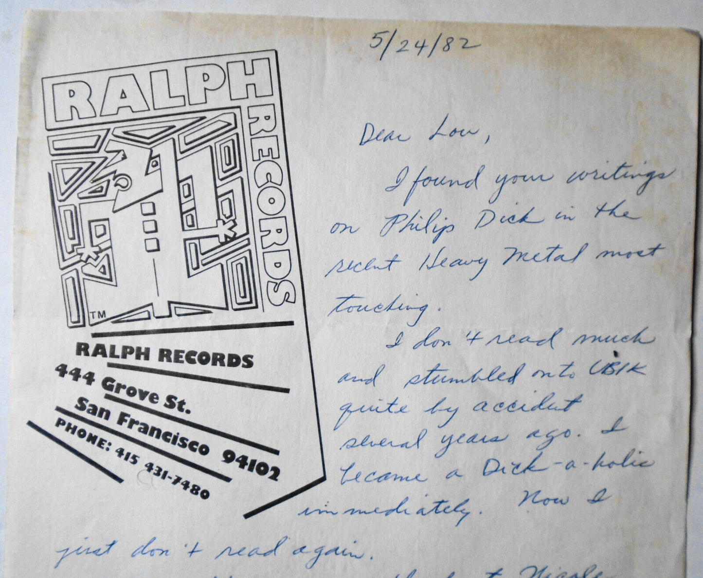 Hardy Fox SIGNED handwritten, 1982 - Residents co-founder - The Godfather Of Odd