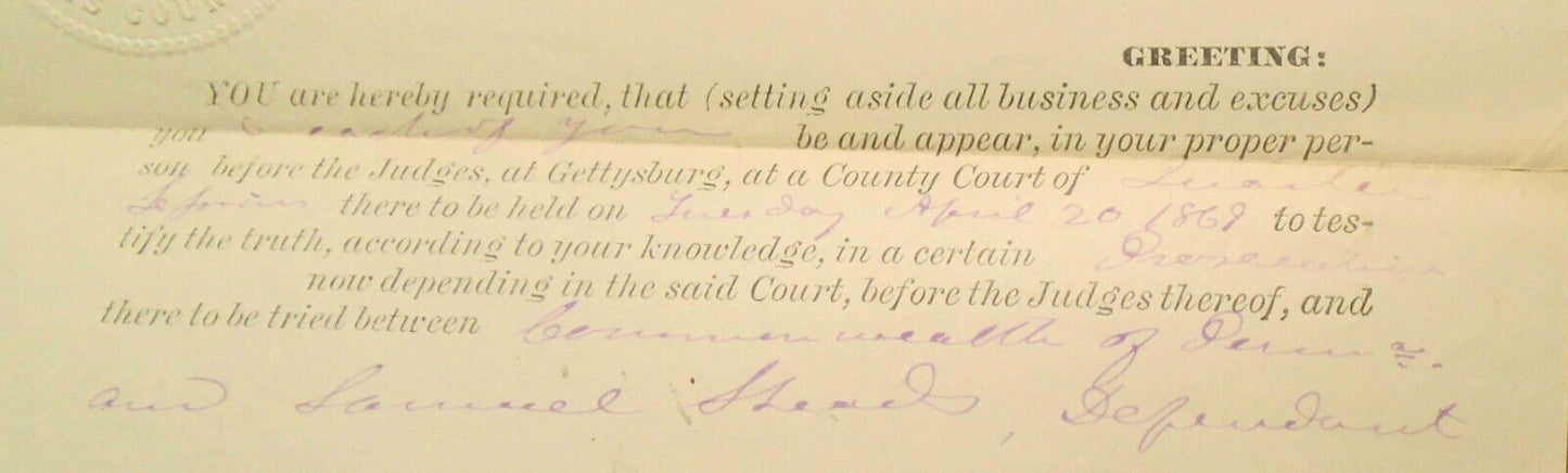 1869 Gettysburg Pennsylvania Judges Subpoena for Samuel Sheads prosecution