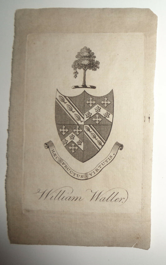 Armorial Bookplate, William Waller - original from 1700s on antique linen paper
