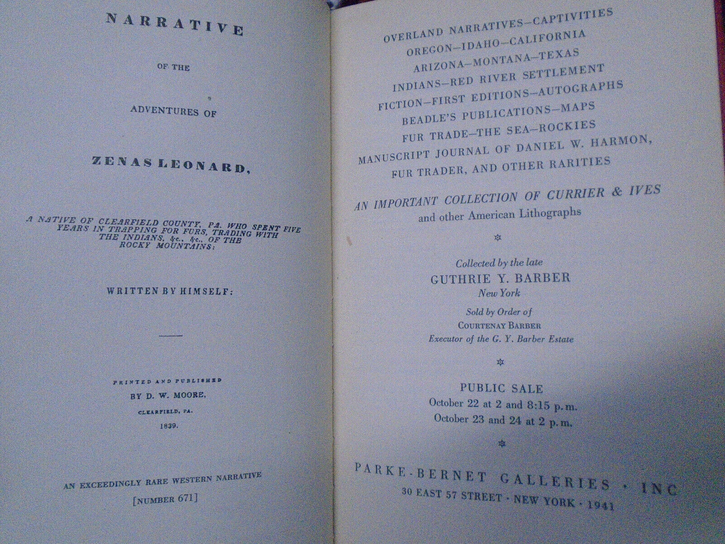Western & other Americana, Canadiana with many rarities Barber 1941 Parke-Bernet