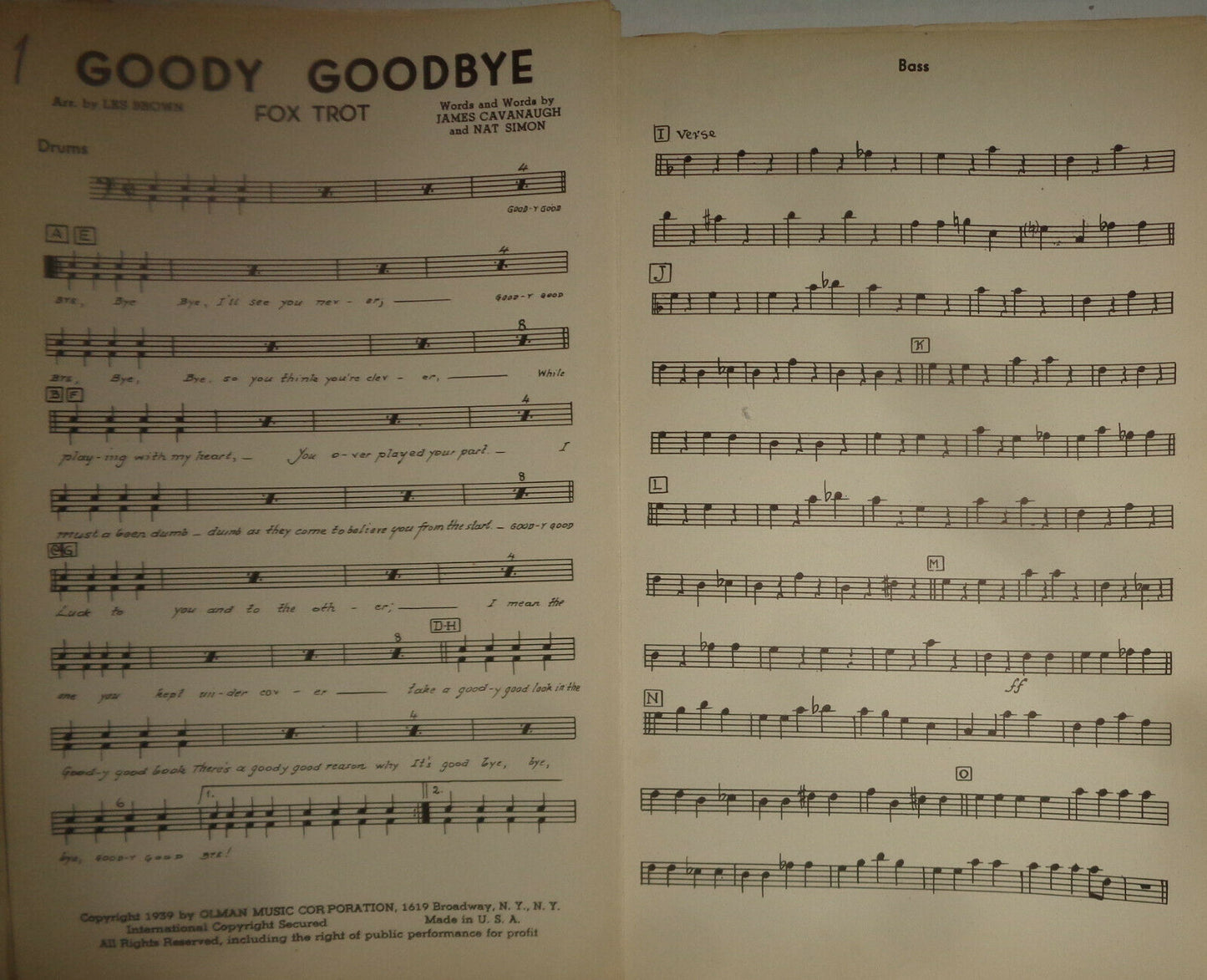 GOODY GOODBYE - fox trot - SHEET MUSIC FOR ORCHESTRA - 1939 - LES BROWN ARRANGED