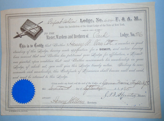 1885 Perfect Ashlar Lodge, New York - Certificate of Dimission