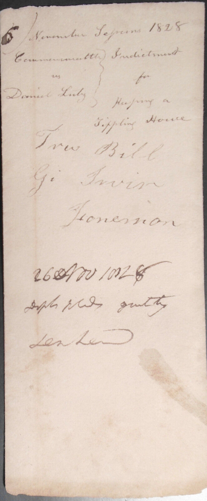 1828  Indictment of Daniel Luty for keeping a Tippling House - Adams County, PA