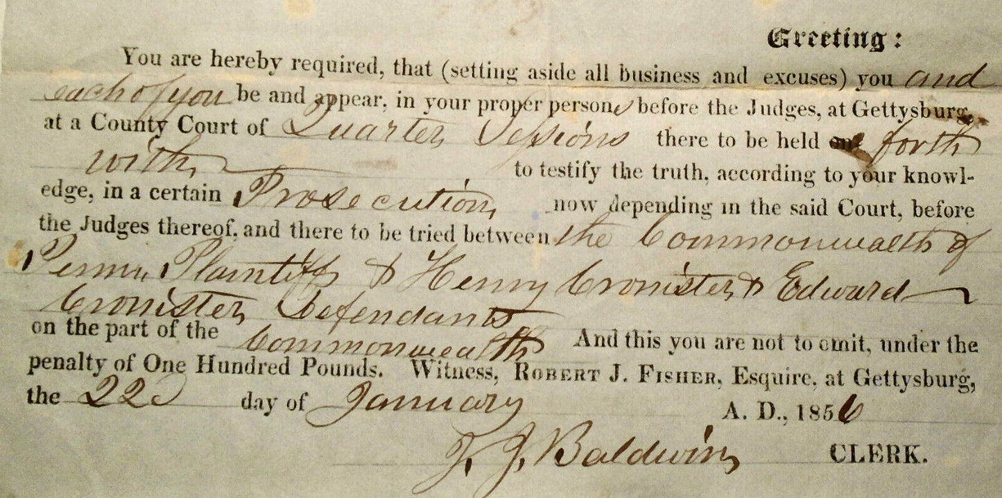 1856 Gettysburg Pennsylvania Court Summons to Appear - Cronister case