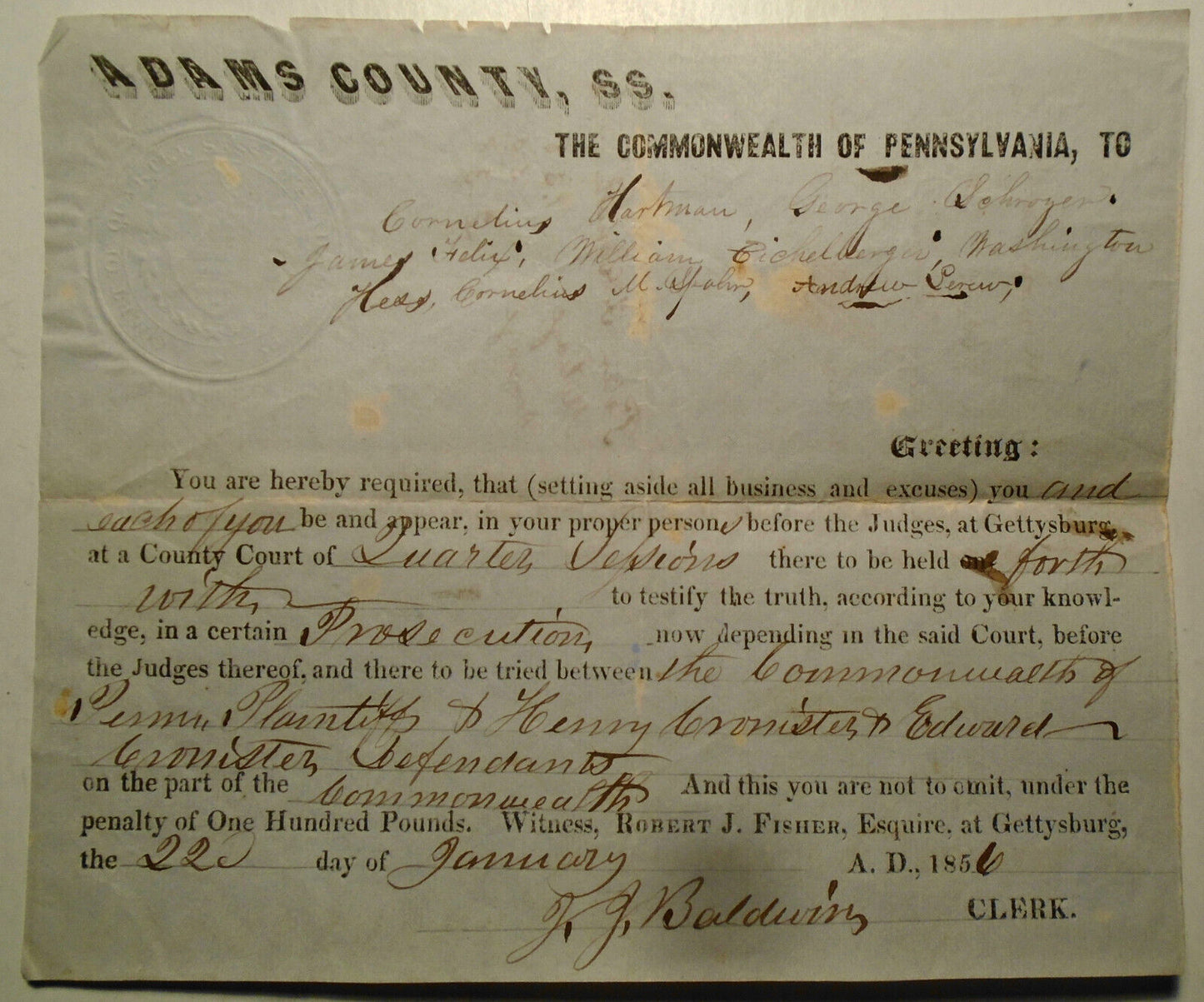 1856 Gettysburg Pennsylvania Court Summons to Appear - Cronister case