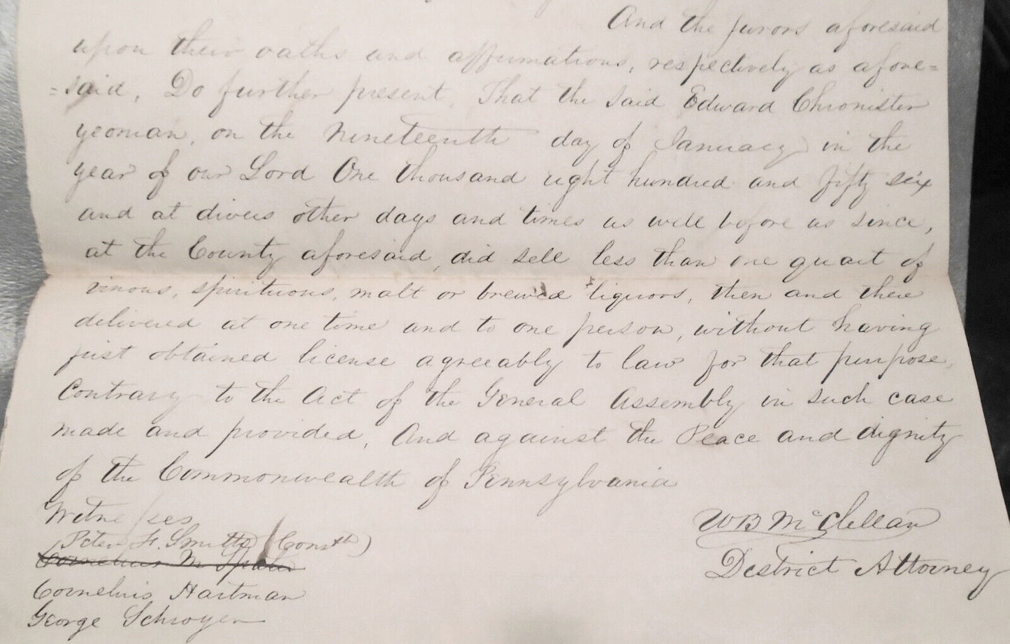 1856 Selling Liquor without license Inquest - Edward Chronister, Adams County PA