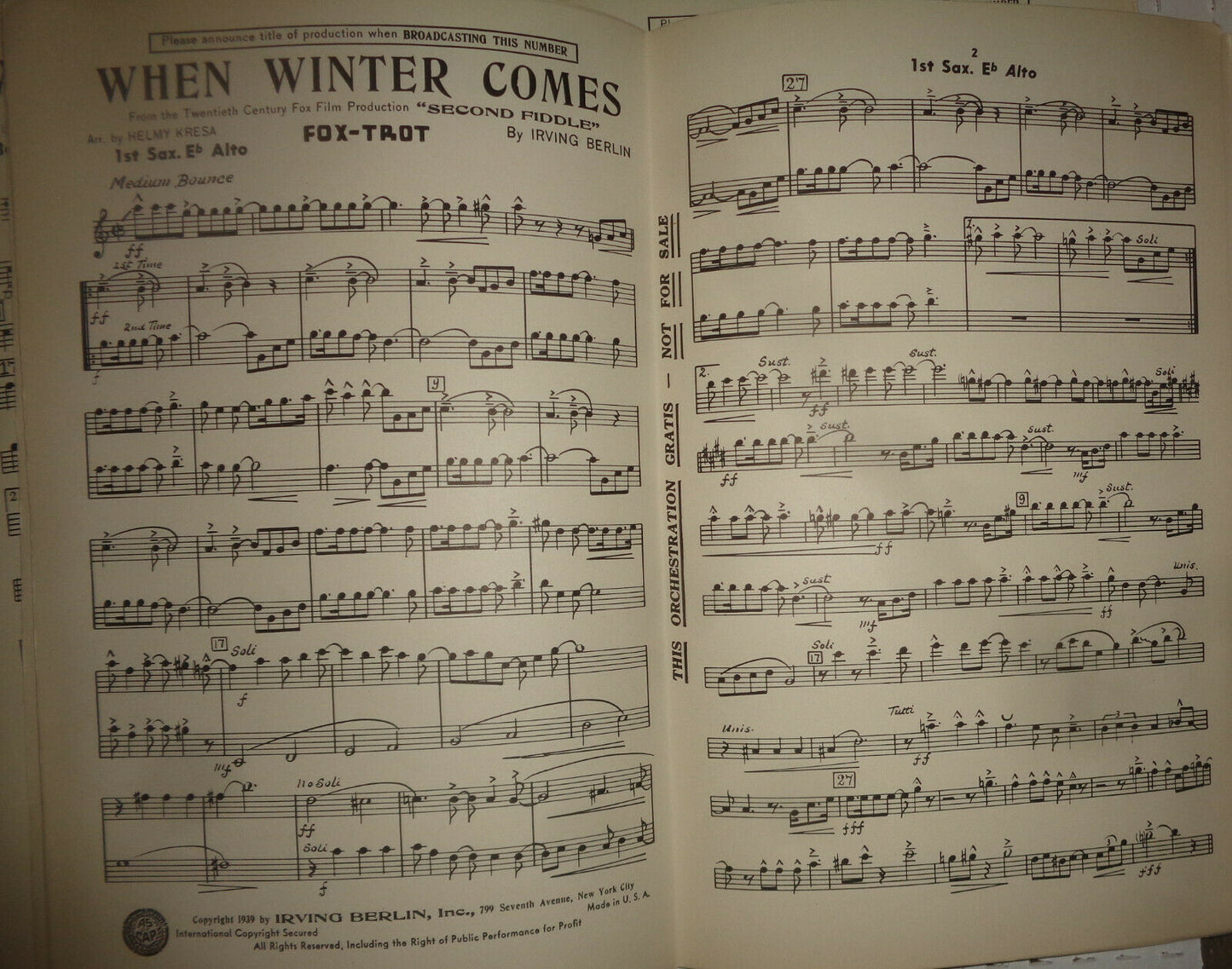 WHEN WINTER COMES - FOX TROT - SHEET MUSIC FOR ORCHESTRA - 1939