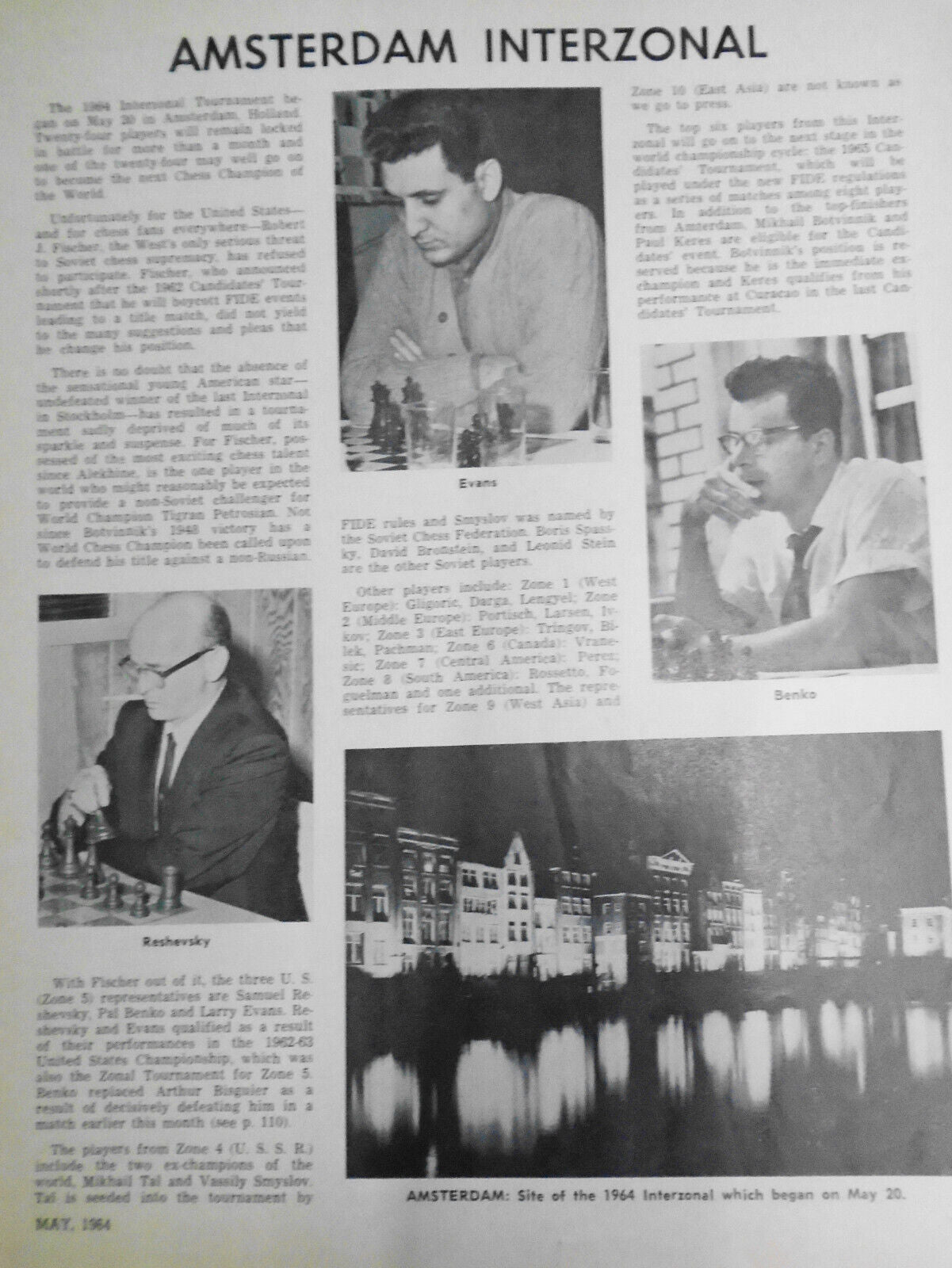 Chess Life, May 1964 : Bobby Fischer "exotic" photo; Amsterdam Interzonal, etc.