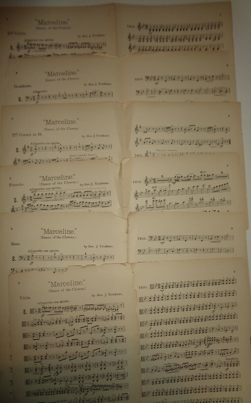 MARCELINE - DANCE OF THE CLOWNS BY GEO J TRINKAUS 1908 SHEET MUSIC FOR ORCHESTRA