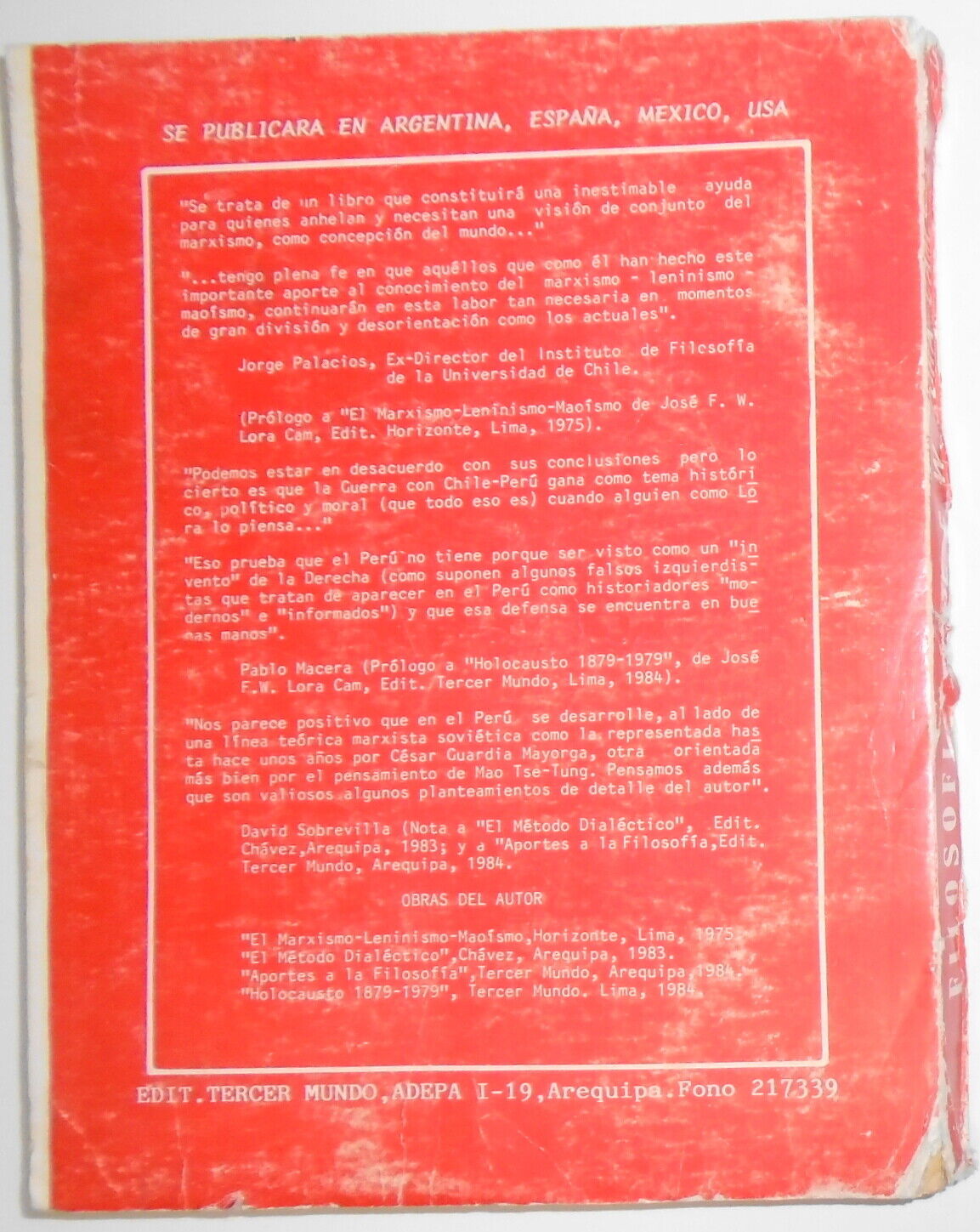 Filosofia, by Jose F W Lora Cam. 1987. Softcover. Tercer Mundo, Peru.