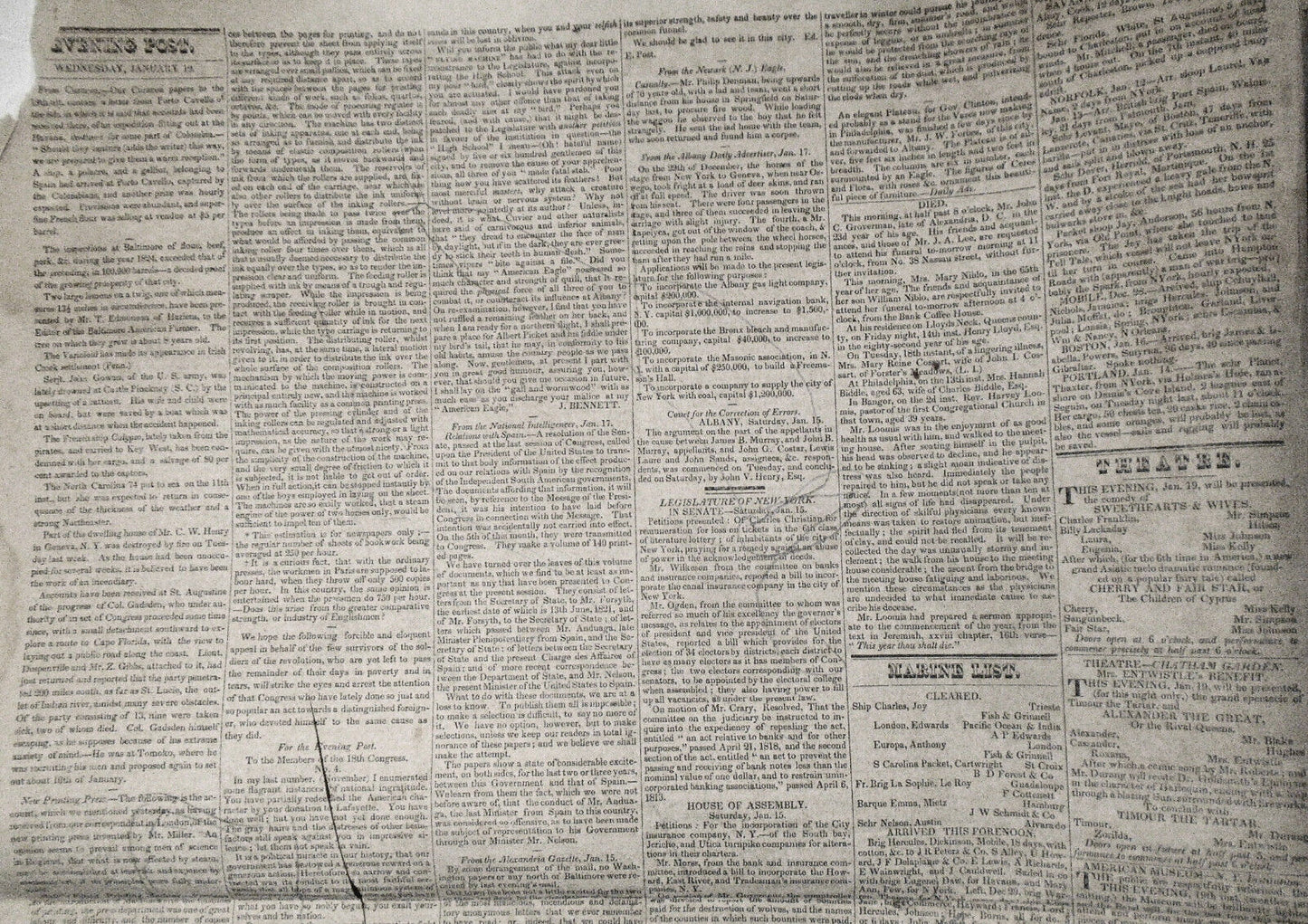 The New-York Evening Post, January 19, 1825. Original, DeWitt Clinton collection