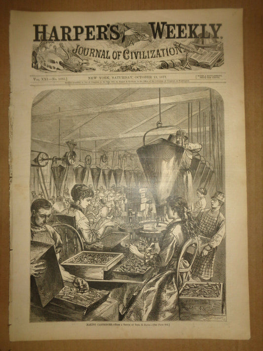 HARPER'S WEEKLY - OCT 13, 1877 ORIG ISSUE - MAKING CARTRIDGES, ST LOUIS FAIR..
