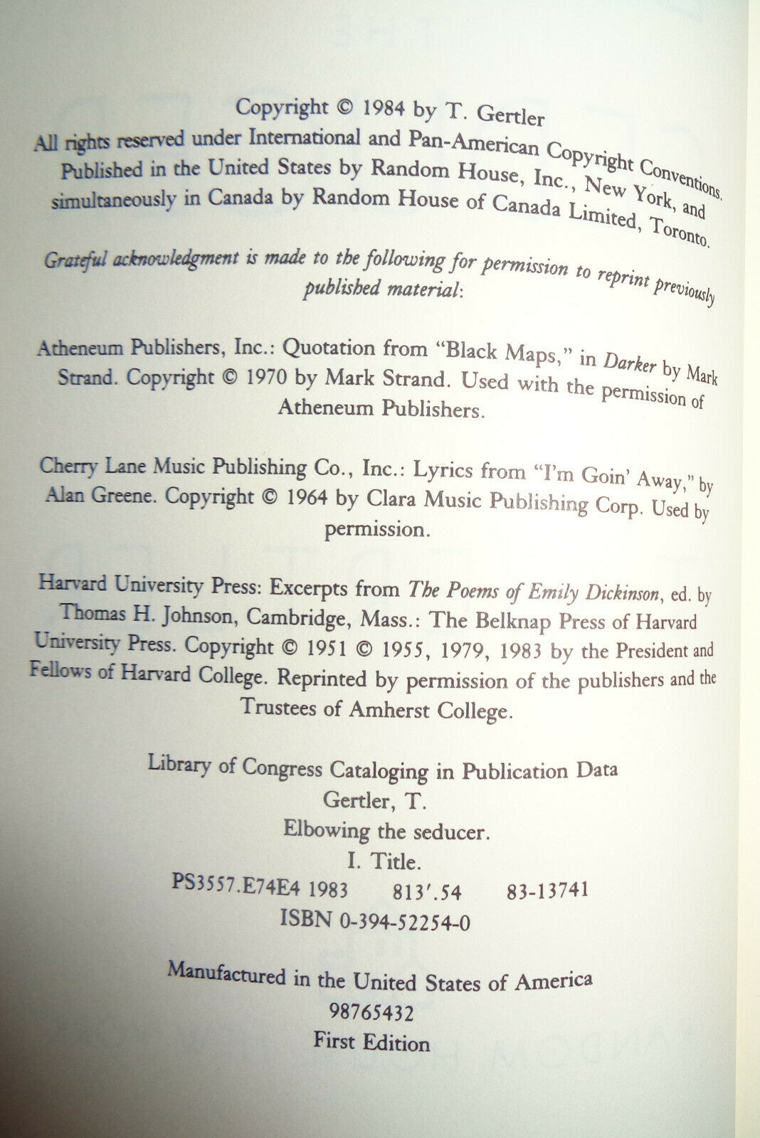 Elbowing the Seducer, by T. Gertler. First Edition, First Printing 1984 HC/DJ