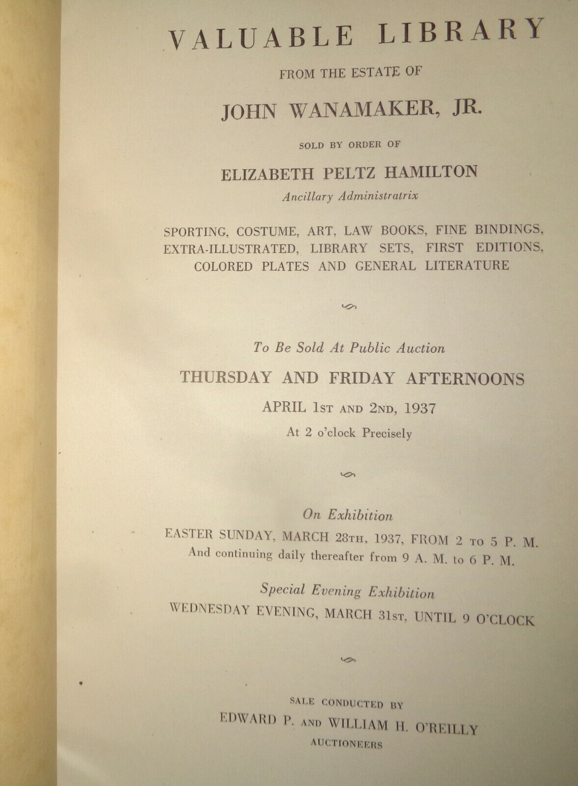 Valuable library from the estate of John Wanamaker, Jr Plaza Art Galleries, 1937