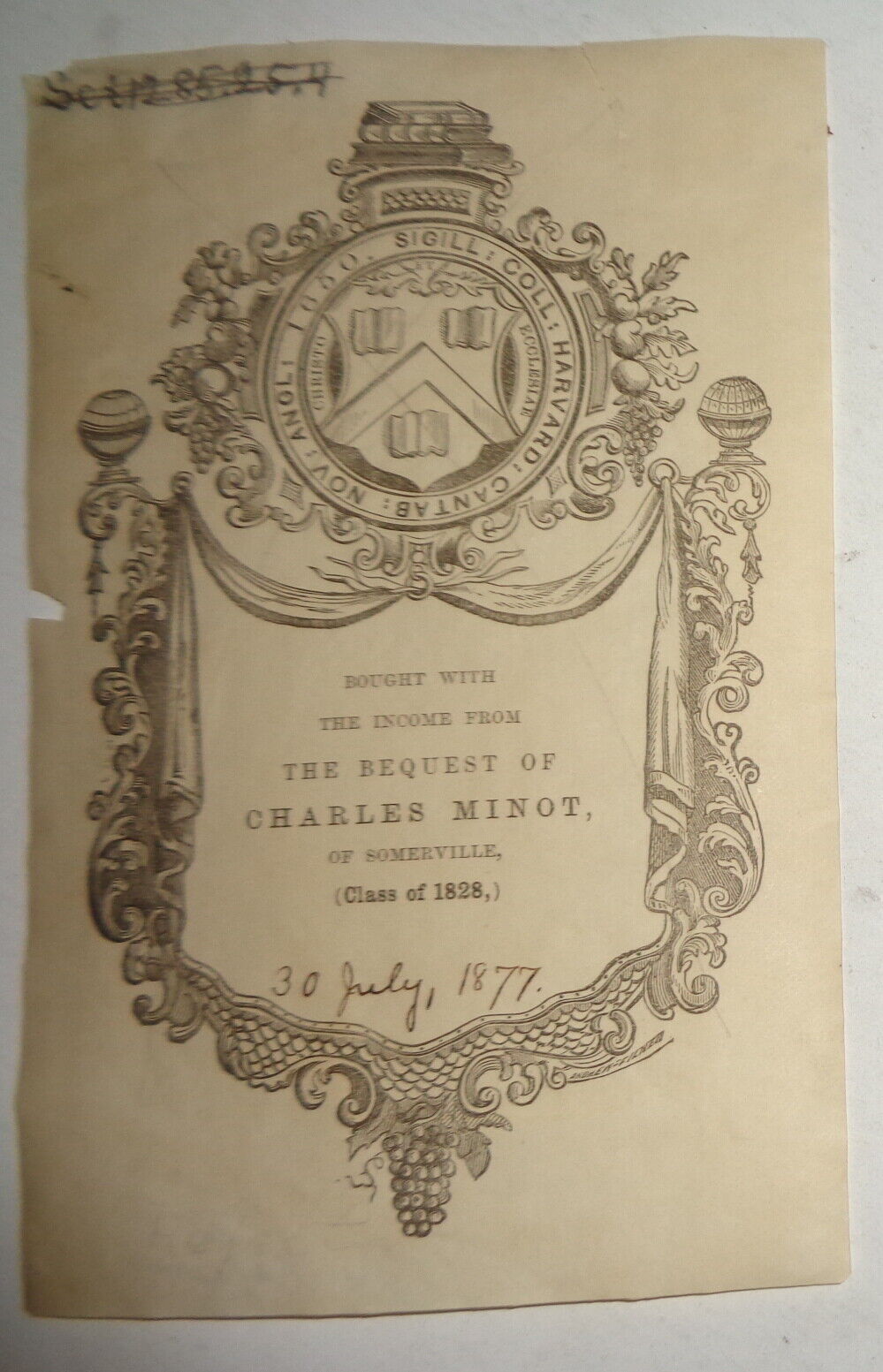 Harvard College Bookplate, 30 July 1877. Nathaniel Hurd engraving. Charles Minot