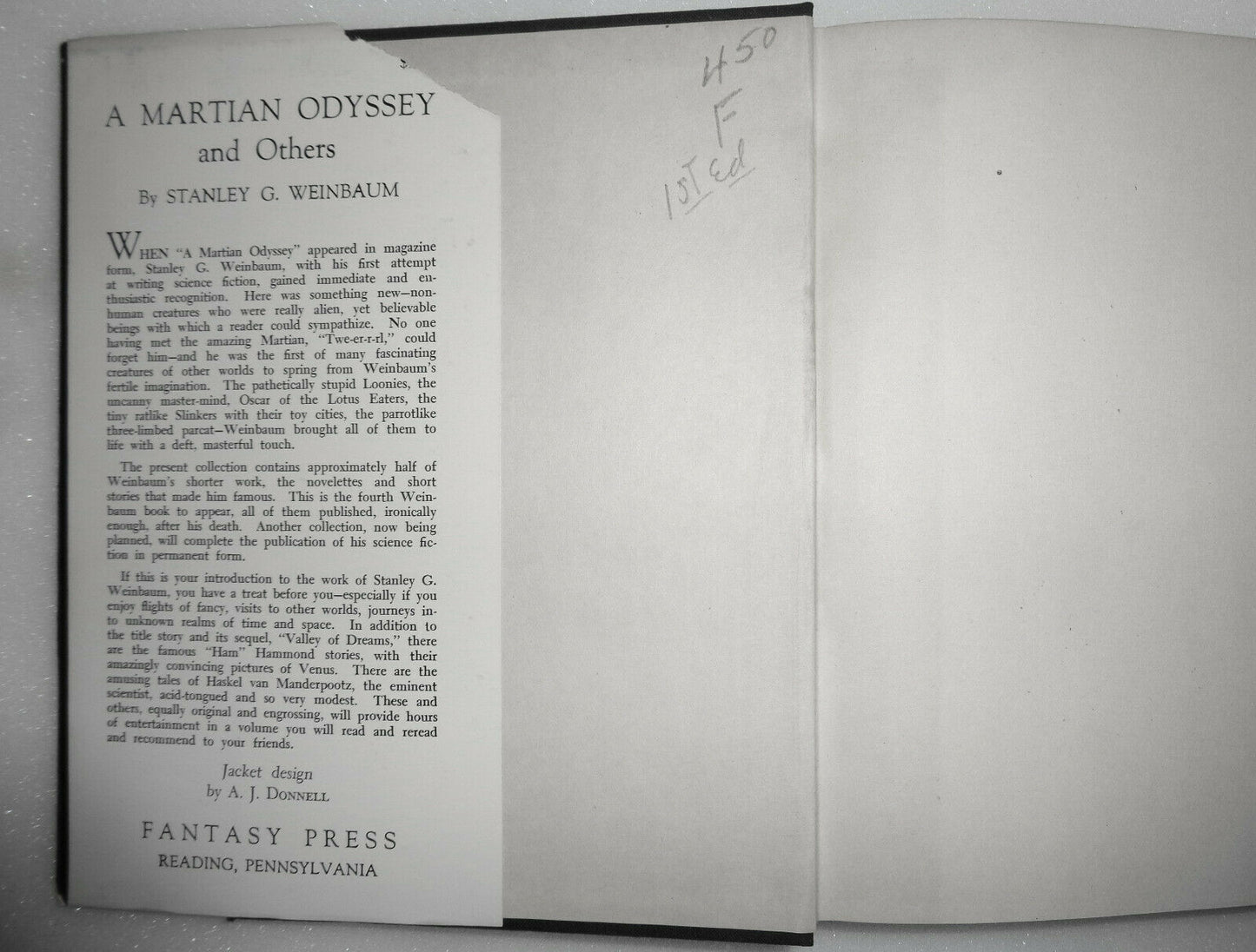 A Martian Odyssey and Others, by Stanley G. Weinbaum First edition 1949