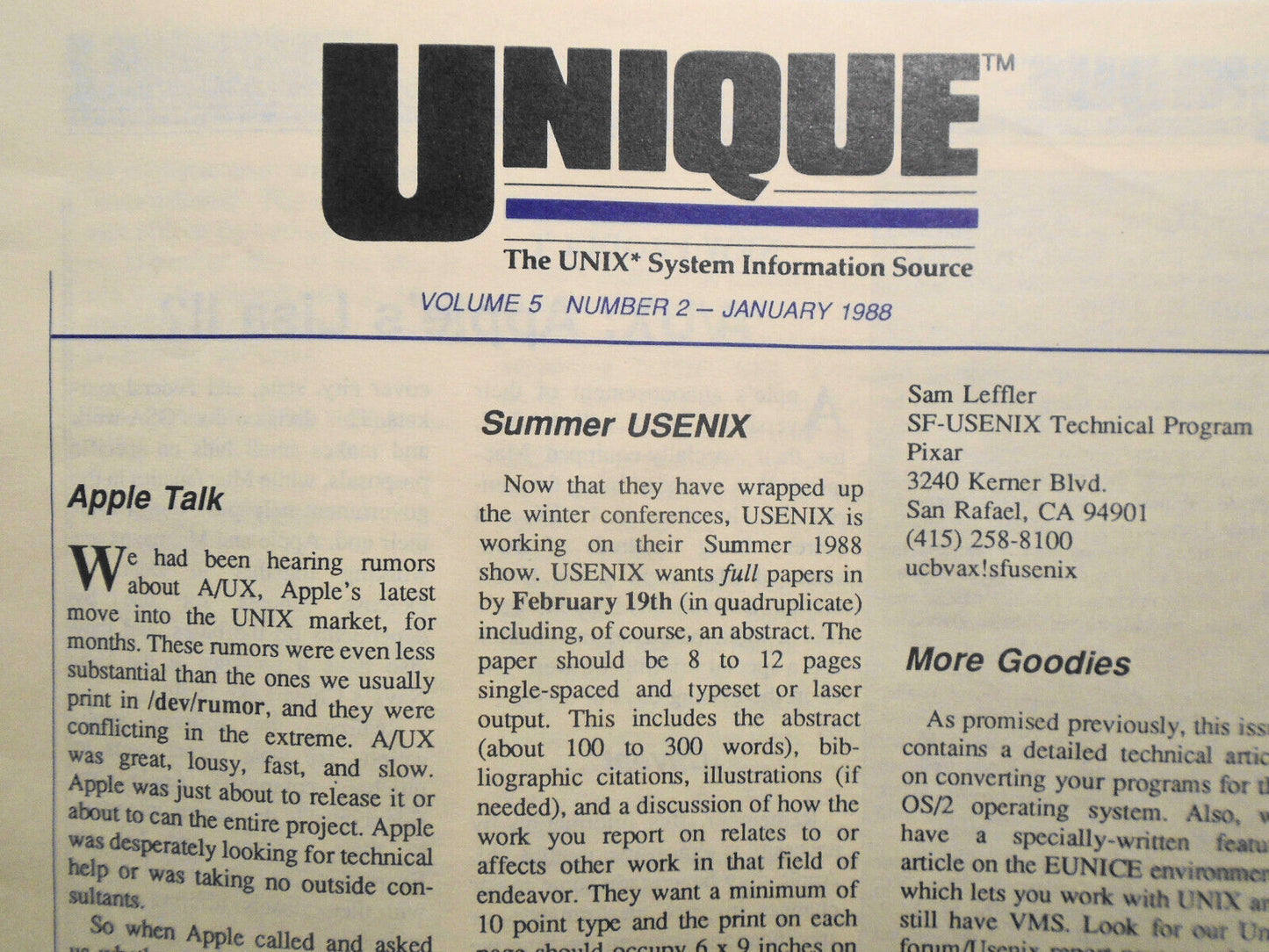 UNIQUE: The UNIX System Information Source  Jan 1988 - Apple A/UX; OS/2 & UNIX