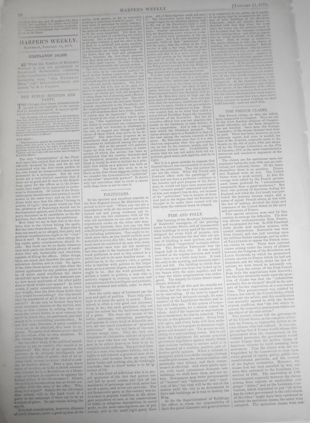 Burning Of The Brooklyn Tabernacle - Harper's Weekly Jan 11, 1873 - original
