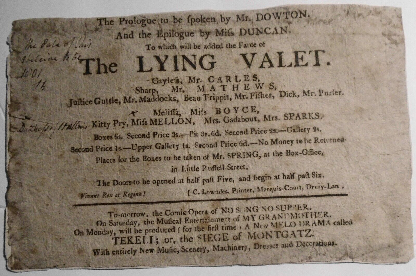 [1800] Theatre playbill - The Lying Valet