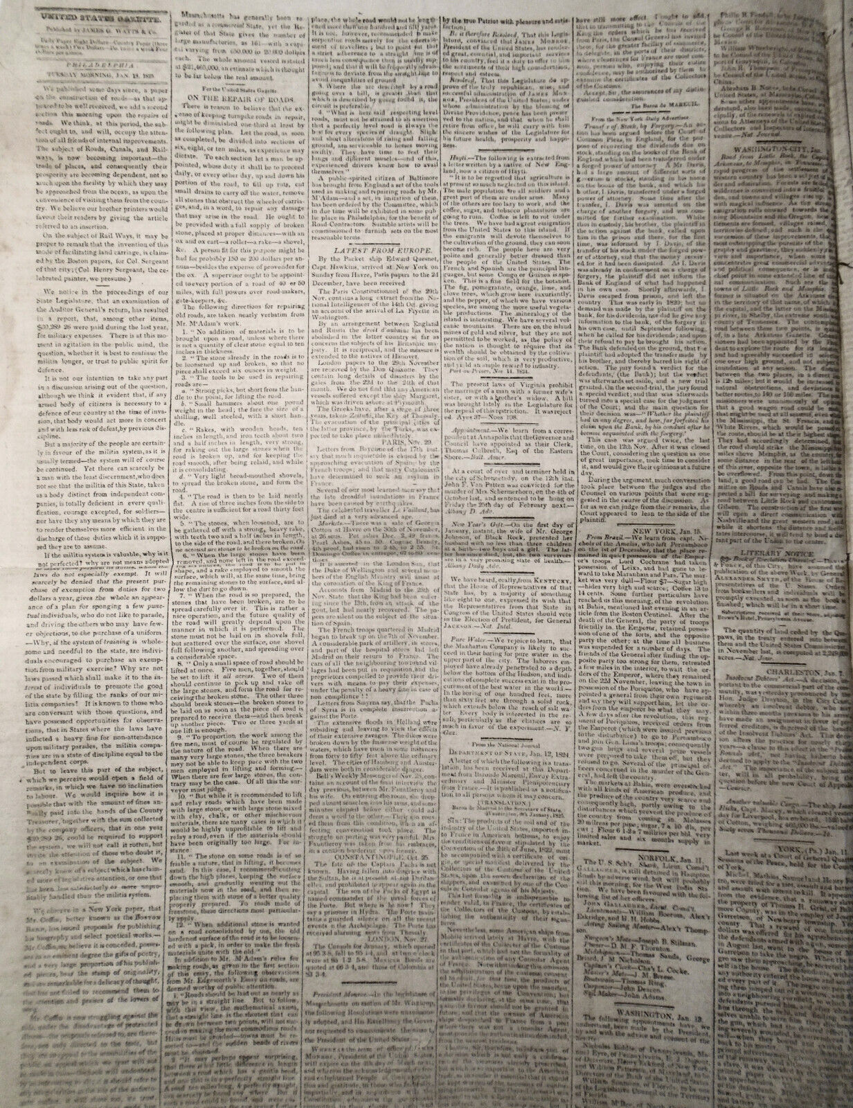 United States Gazette, January 18, 1825 - Guilty of intent to kill runaway slave