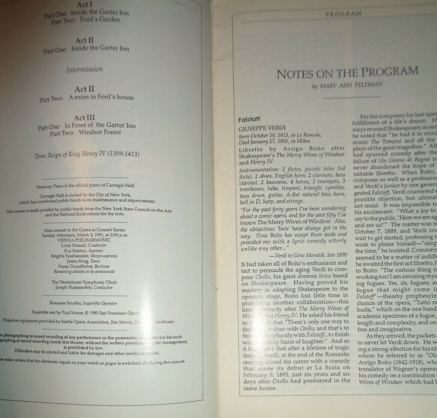 THE MINNESOTA ORCHESTRA - CARNEGIE HALL STAGEBILL - VERDI, FALSTAFF - NOV. 1990