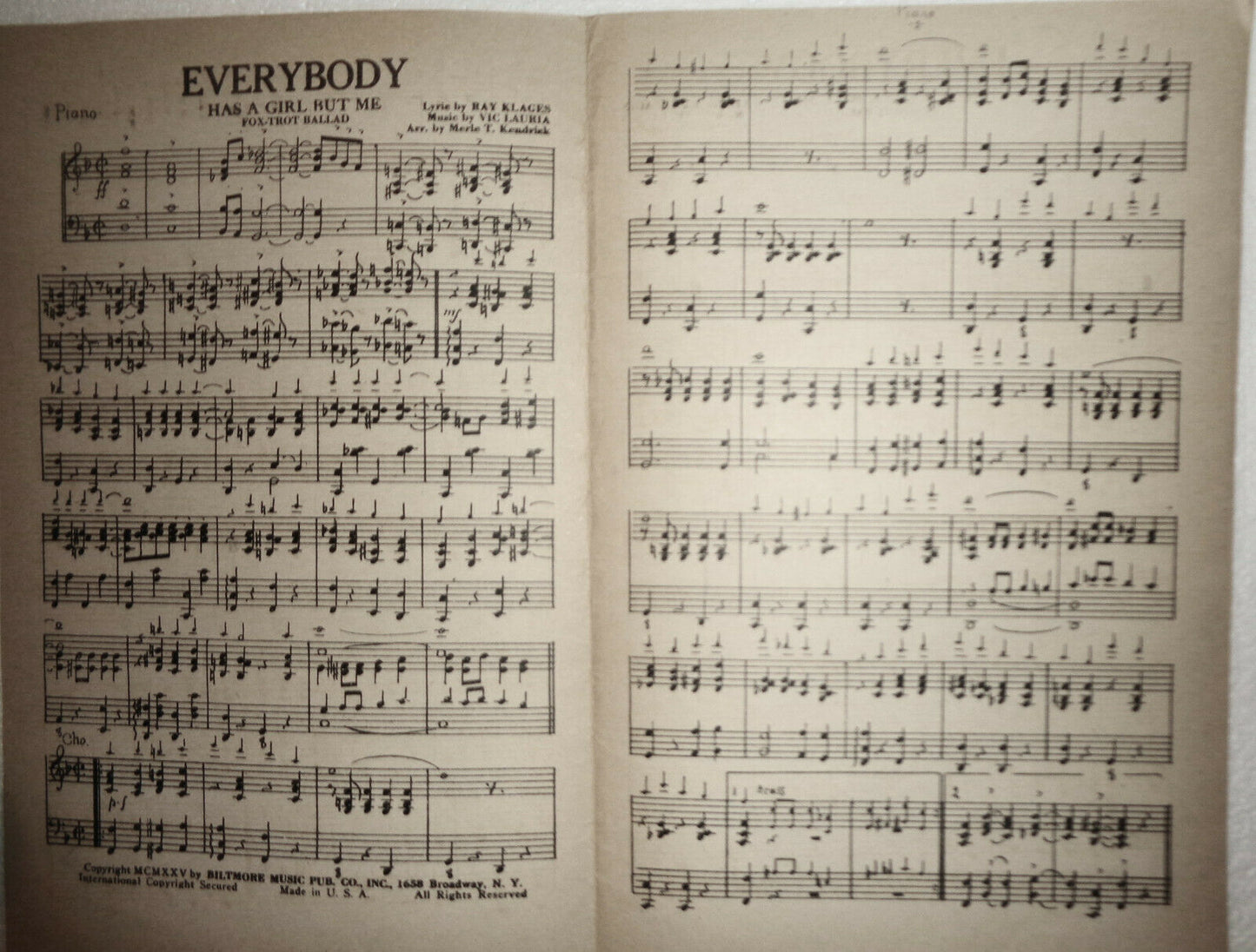EVERYBODY HAS A GIRL BUT ME, by Ray Klages, Vic Lauria - 1925, For orchestra