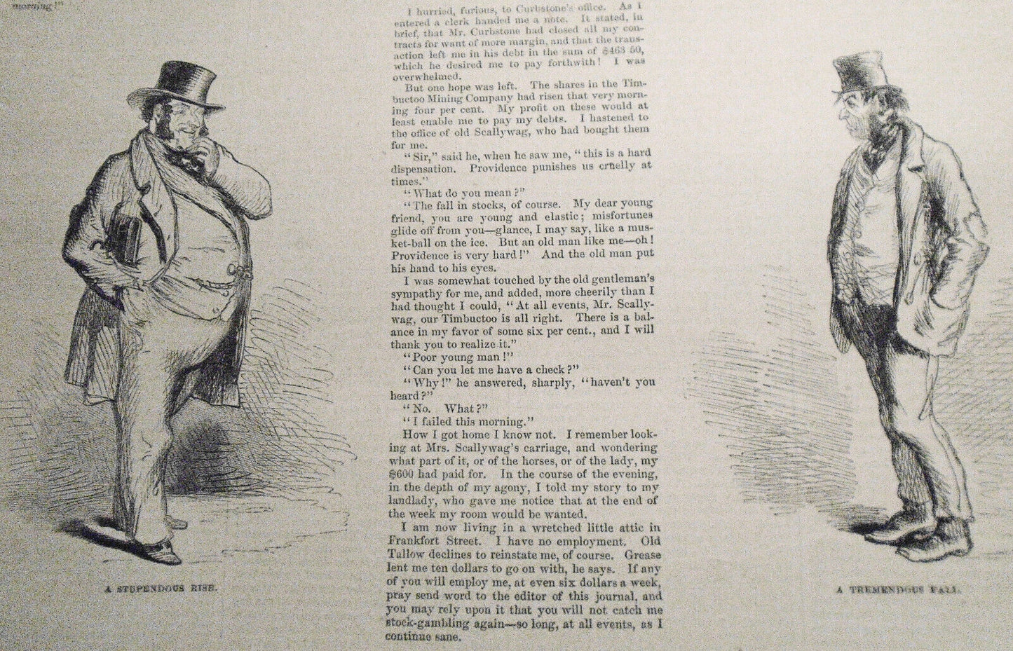 "Stocks Down" - "A Stupendous Rise" - "A Tremendous Fall" - "Stocks Up" - 1858